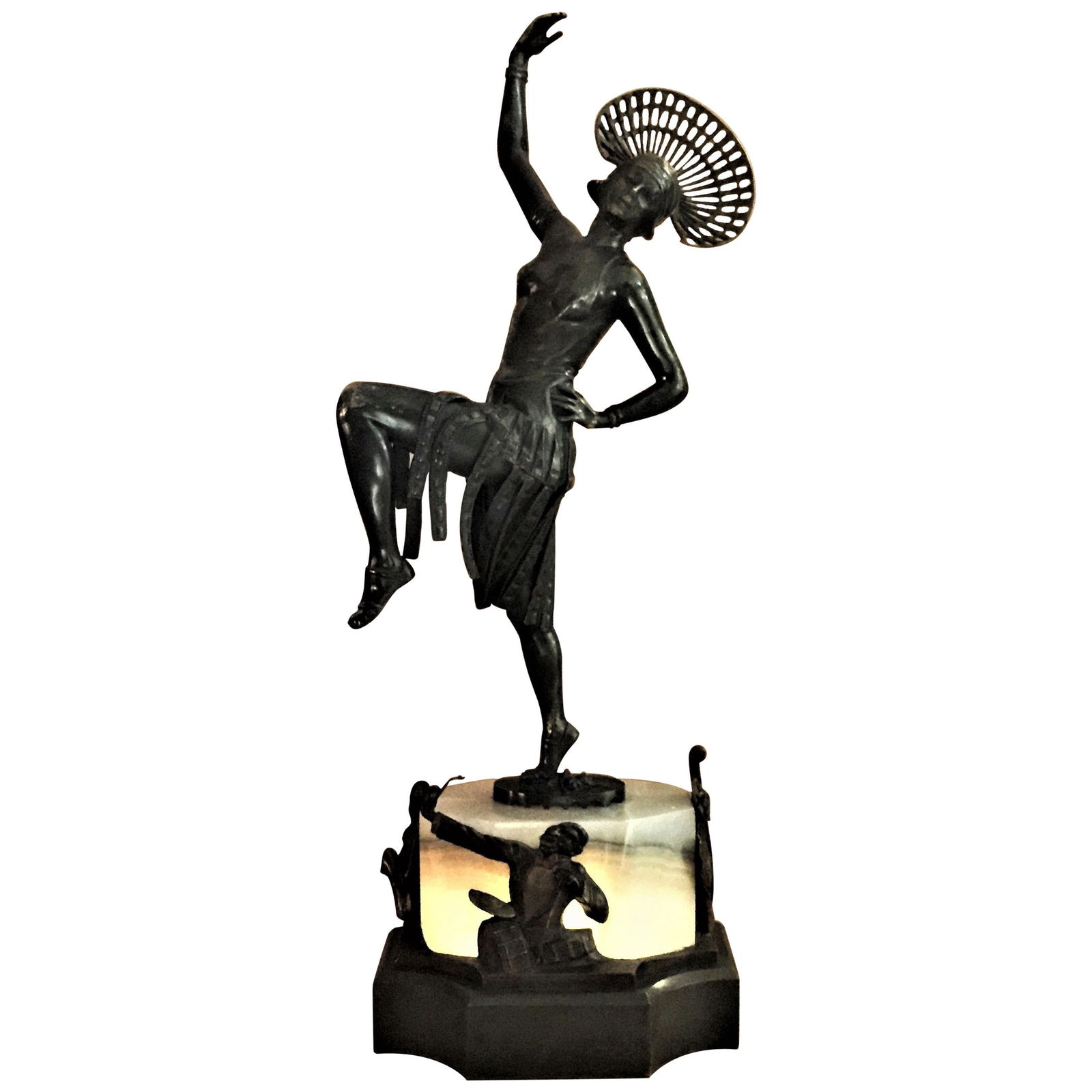 Austrian Art Deco, Dancer, Patinated Bronze, Onyx and Marble Lamp, circa 1920s (1 of 11)