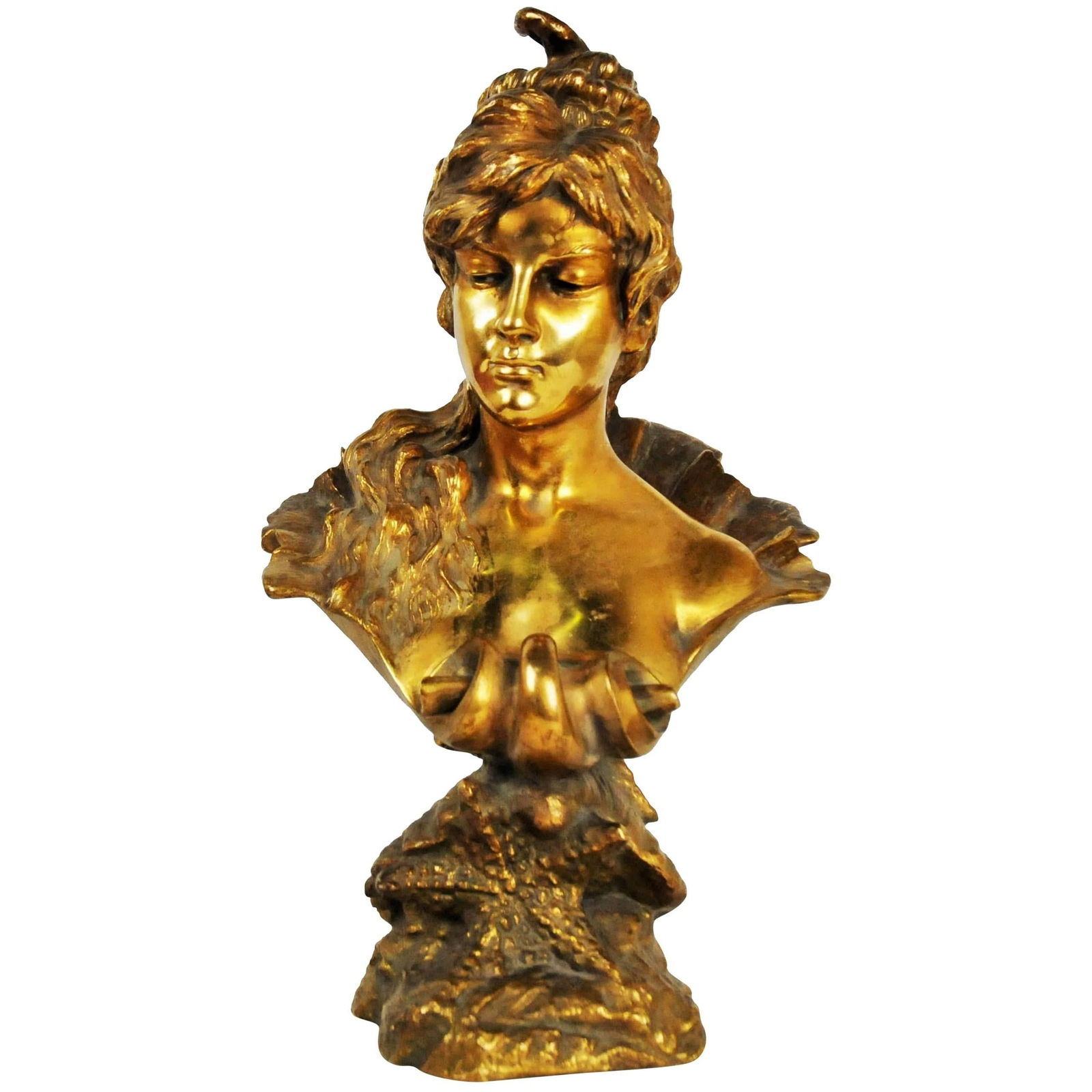 French Art Nouveau, Female Bust, Gilt Bronze, 1900s: Signed under the left shoulder: ”CerNelille”.