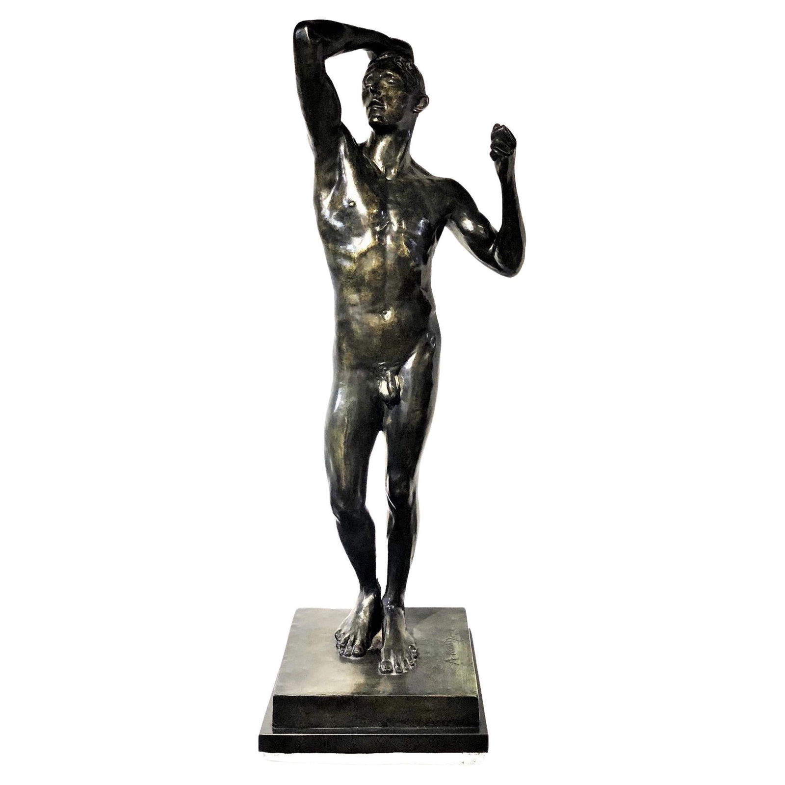 Auguste Rodin, Age of Bronze, Male Nude Patinated Bronze Statue Re-Cast, XX C. (1 of 12)