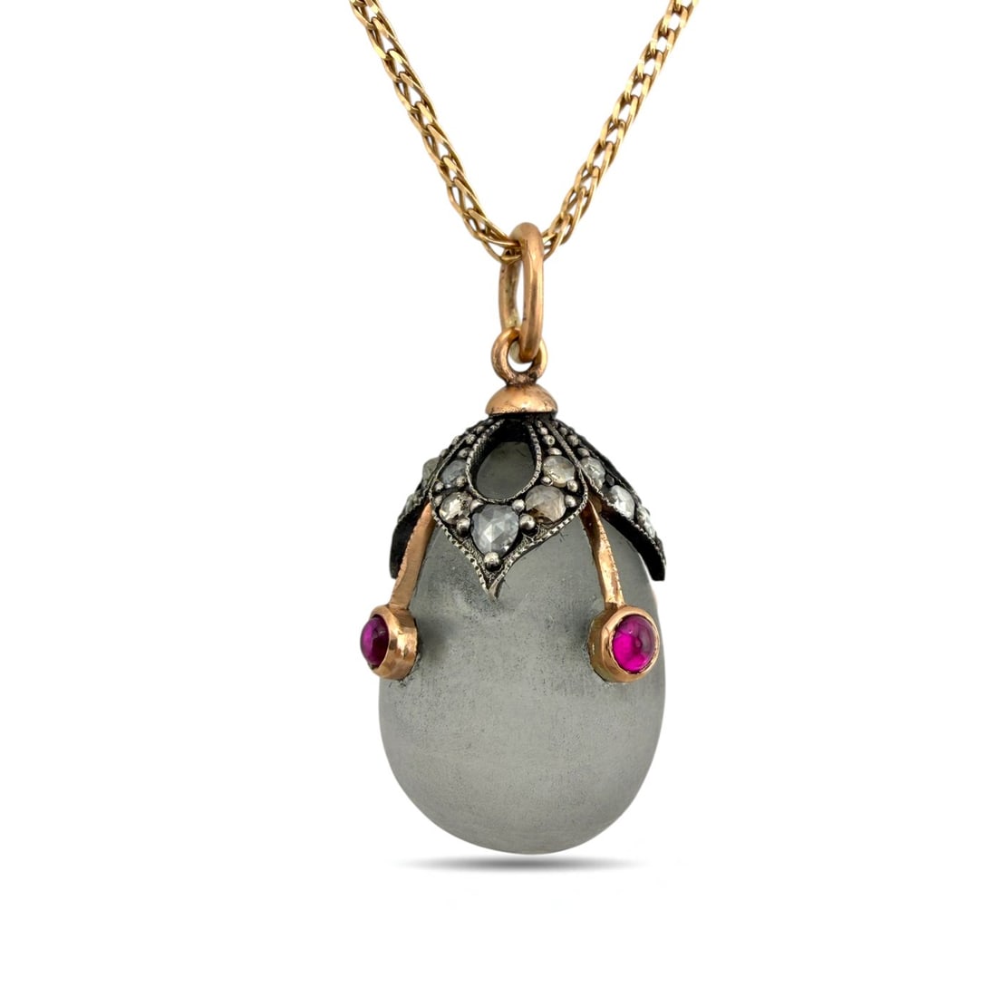 Imperial Russian Ruby Diamond Jeweled 56K Rose Gold & Enamel Egg Pendant — Marked Karl Fabergé (1 of 6)