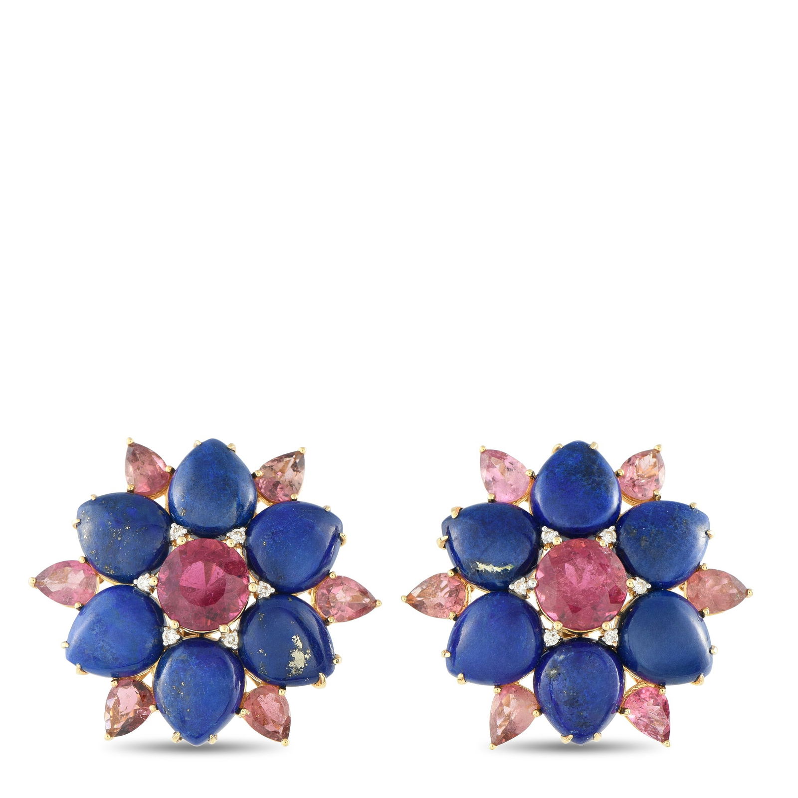 Exclusive Vintage 18K Yellow Gold Diamond, Lapis, and Pin: Playful yet elegant, these vintage earrings bloom like captivating lanterns. Each flower-inspired earring combines rich blue lapis lazuli stones with pink tourmalines, accented by sparkling diamonds t