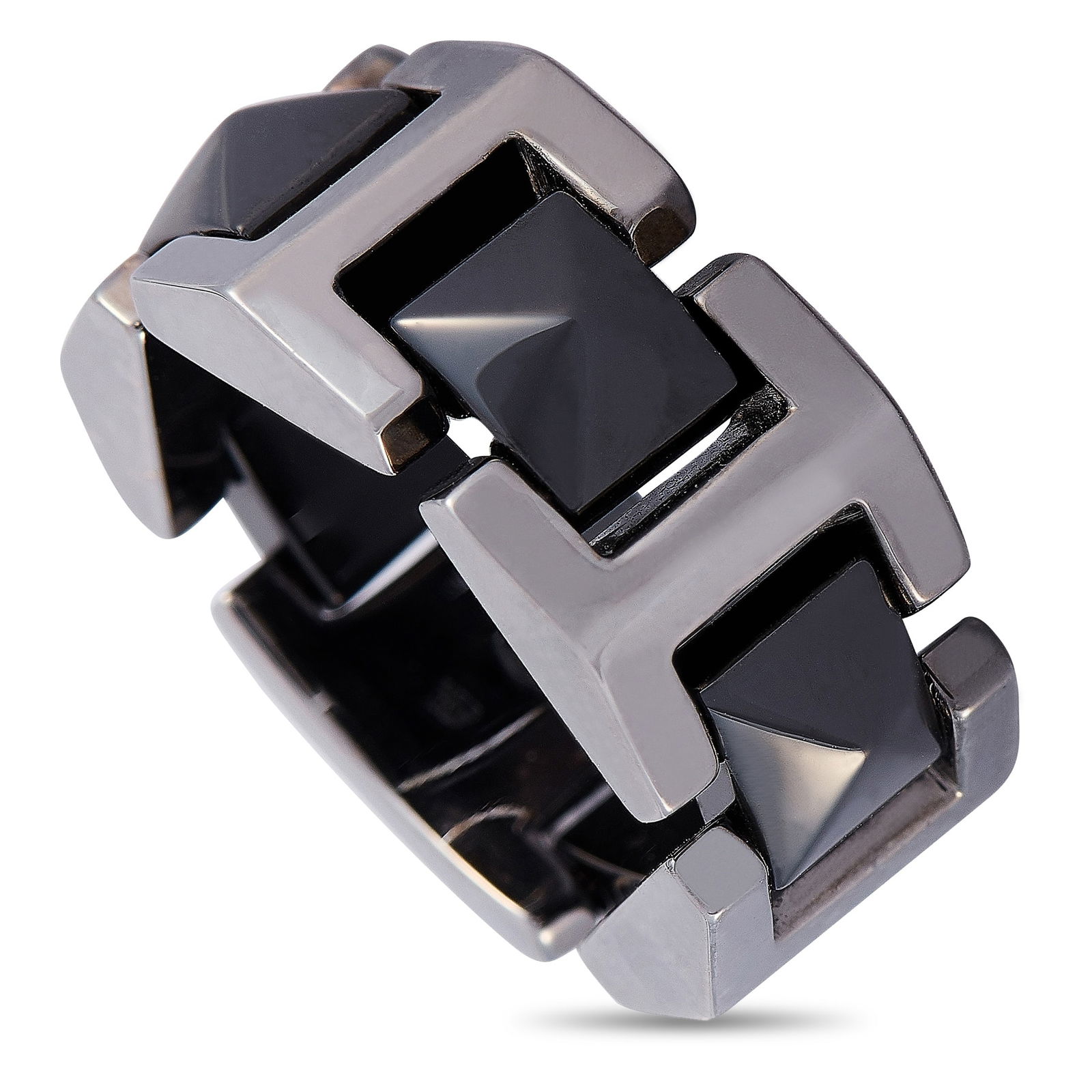 Versace 18K White Gold Black Ceramic Ring: This Versace ring is made out of 18K white gold and black ceramic and weighs 10.1 grams. It boasts band thickness of 10 mm and top height of 4 mm, while top dimensions measure 22 by 22 mm. Material -