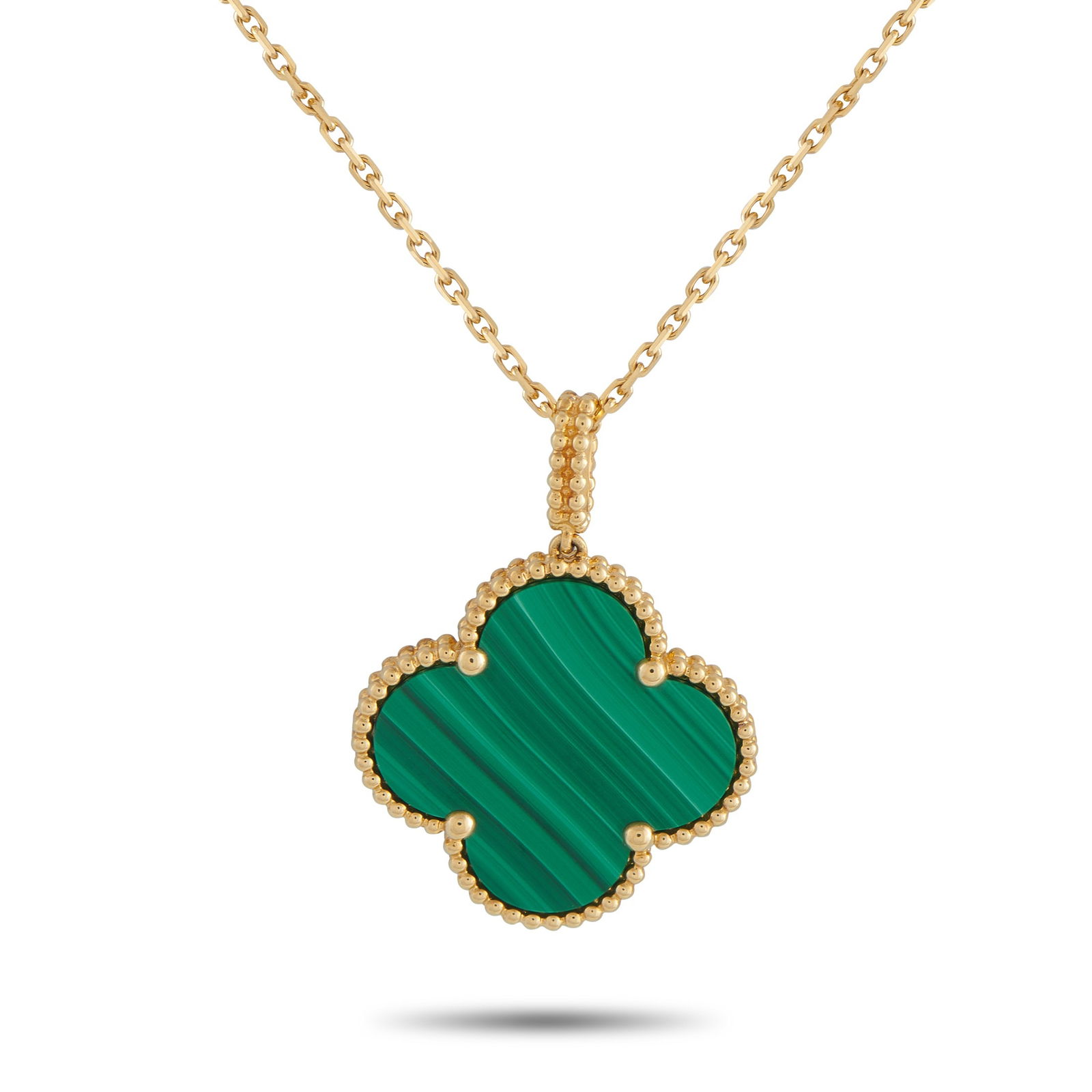 Van Cleef & Arpels Magic Alhambra 18K Yellow Gold Malachite Necklace: A vibrant green Malachite stone makes this Van Cleef & Arpels Magic Alhambra necklace instantly eye-catching. Crafted from 18K Yellow Gold, a dramatic 35” chain allows you to wear it long or dou