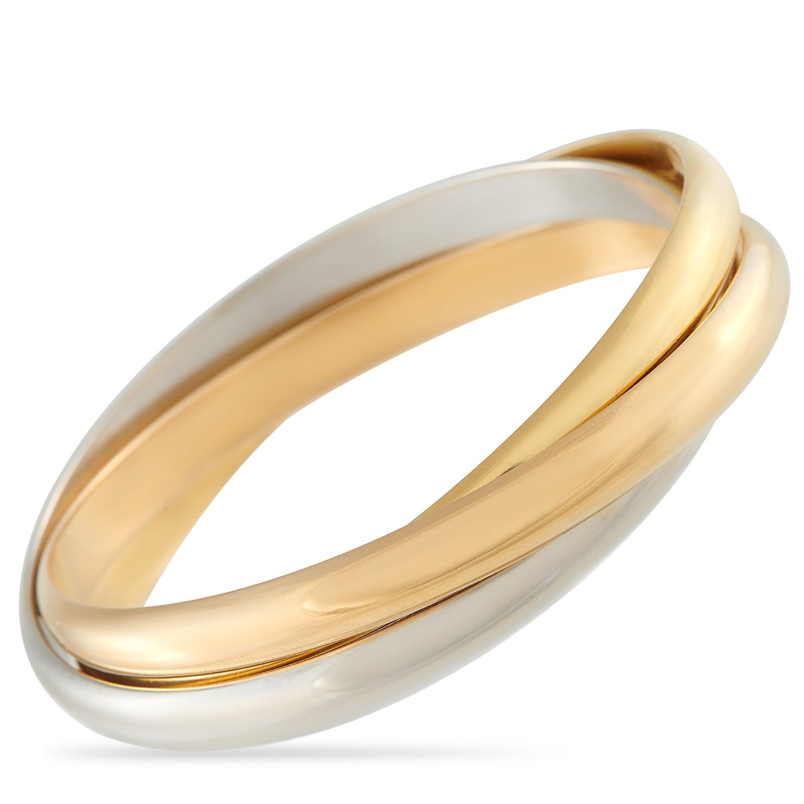 Cartier Trinity 18K White, Yellow, and Rose Gold Bangle: With nothing added and nothing missing, this Cartier Trinity bangle captures luxury in its most essential form. It features a trio of interlocking rigid bracelets, crafted in 18K white gold, yellow go