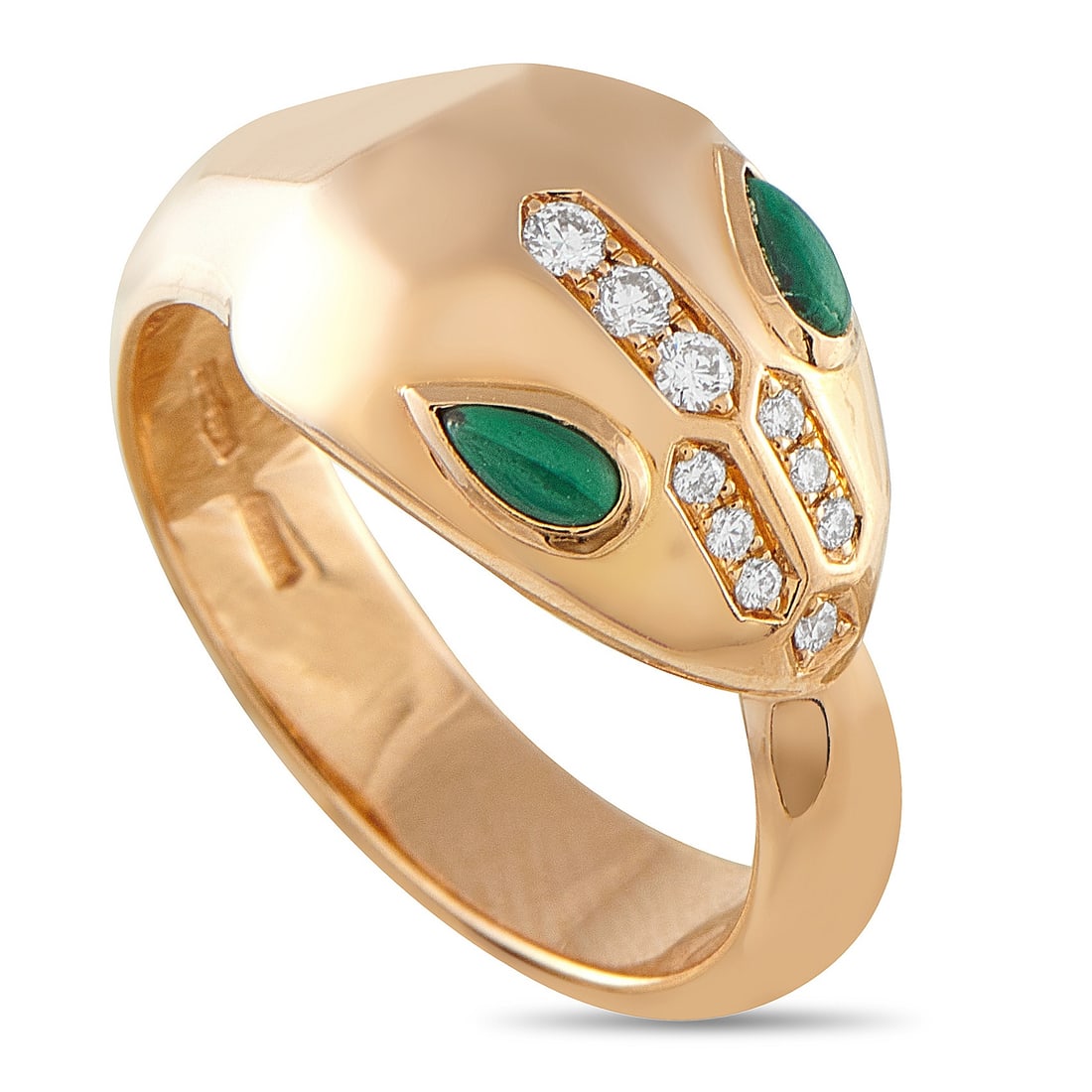 Bvlgari Serpenti 18K Rose Gold Diamond and Malachite Ring: This Bvlgari Serpenti ring offers a clean, classic take on the brand’s iconic snake emblem. On this piece, a stylish snake’s head design comes to life in lustrous 18K Rose Gold. Sparkling Diamond