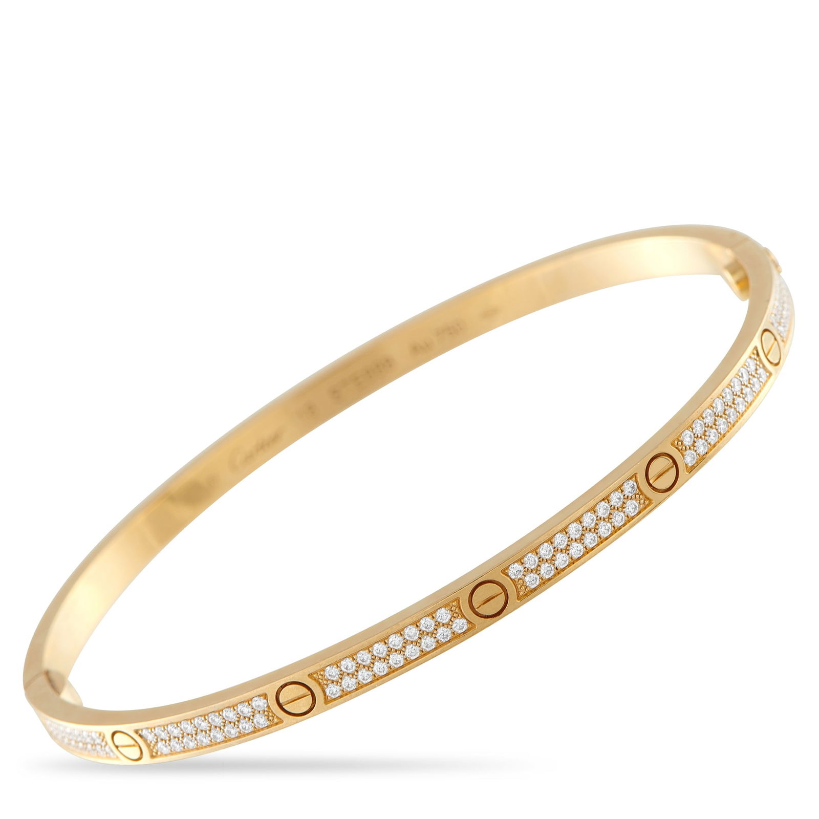 Cartier LOVE 18K Yellow Gold Diamond Pave Bracelet: This Cartier LOVE bracelet offers understated luxury. Set in 18K Yellow Gold, the collection’s iconic design is elevated by glittering pavé Diamonds. This Small Model bracelet is a Size 18 and meas