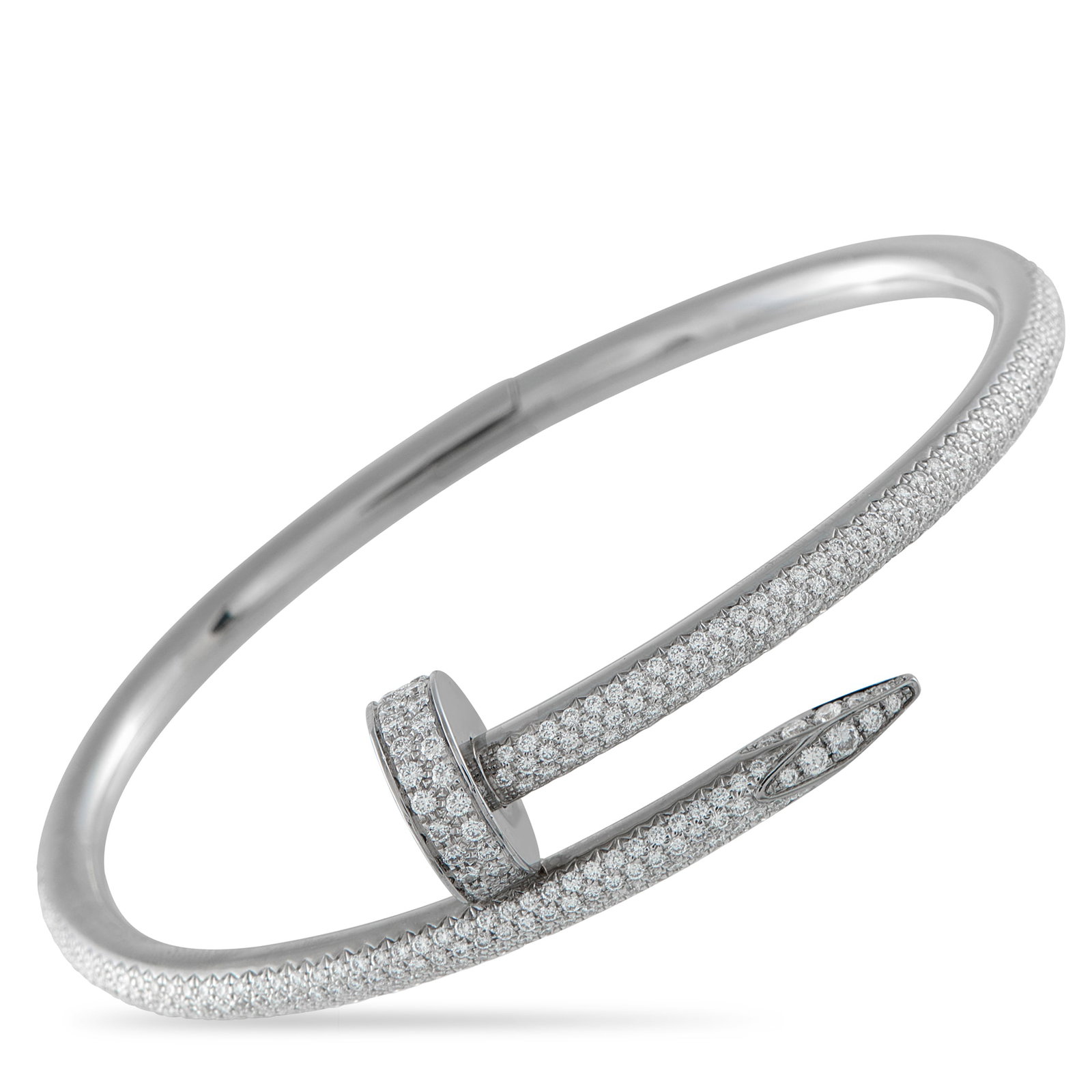 CARTIER Juste un Clou 18K White Gold Diamond Bracelet: CARTIERJuste un Clou 18K White Gold Diamond Bracelet This Cartier Juste Un Clou bracelet proves that beauty can be found even in the simplest forms. On this exquisite accessory, the luxury brand’s i