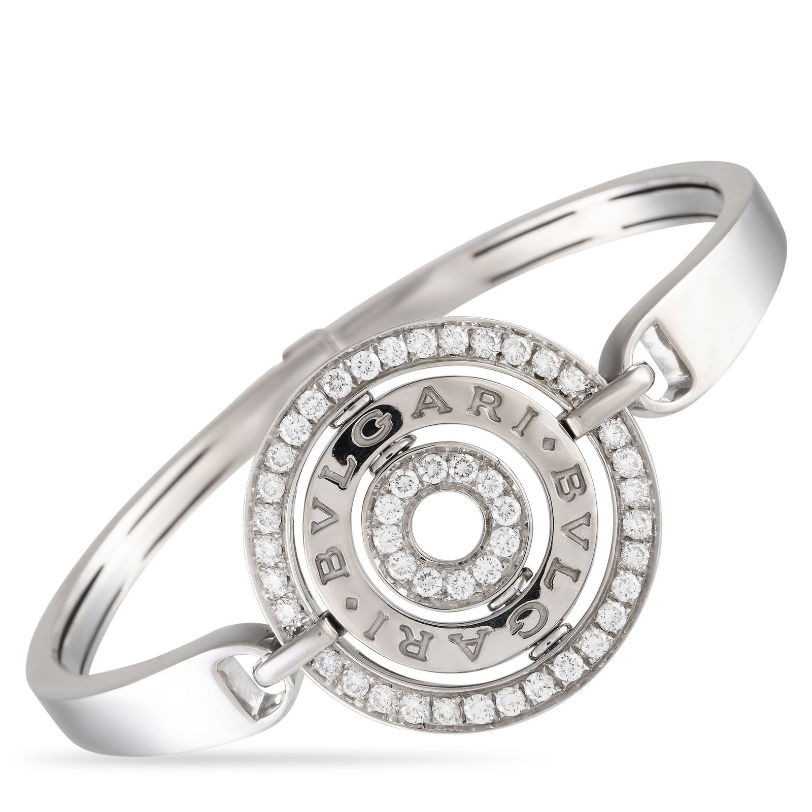 BvlgariAstrale Cerchi 18K White Gold 1.40ct Diamond Bracelet: This Bvlgari Astrale Cerchi bracelet is a luxury piece with an iconic sense of style. At the center of this piece’s sleek 18K White Gold setting, you’ll find a circular centerpiece featuring the b