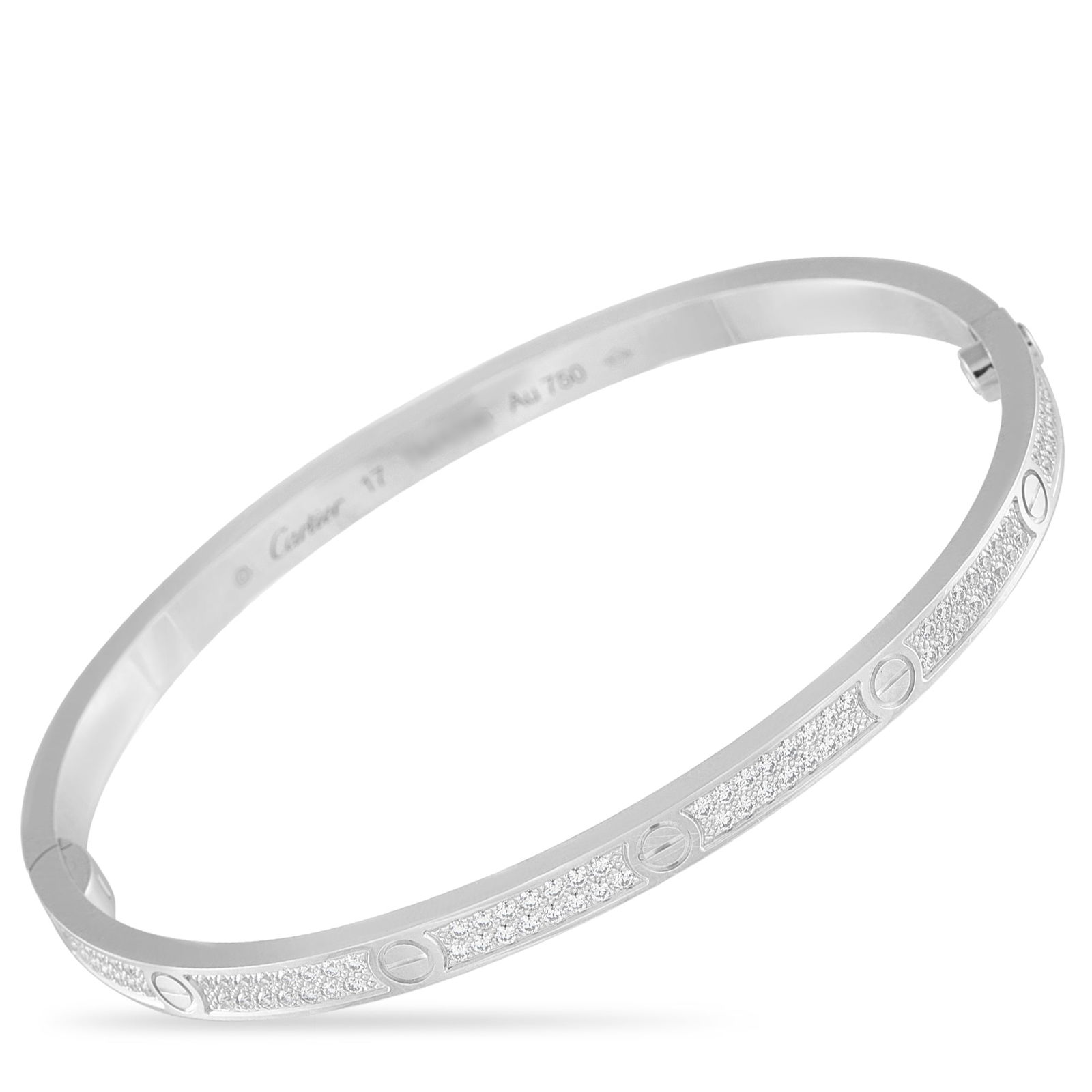 Cartier LOVE 18K White Gold Diamond Small Model Bracelet: This Cartier LOVE bracelet is a luxury piece that will never go out of style. Pave Diamonds add sparkle to this iconic accessory, while iconic screw accents make it instantly recognizable. Crafted fro