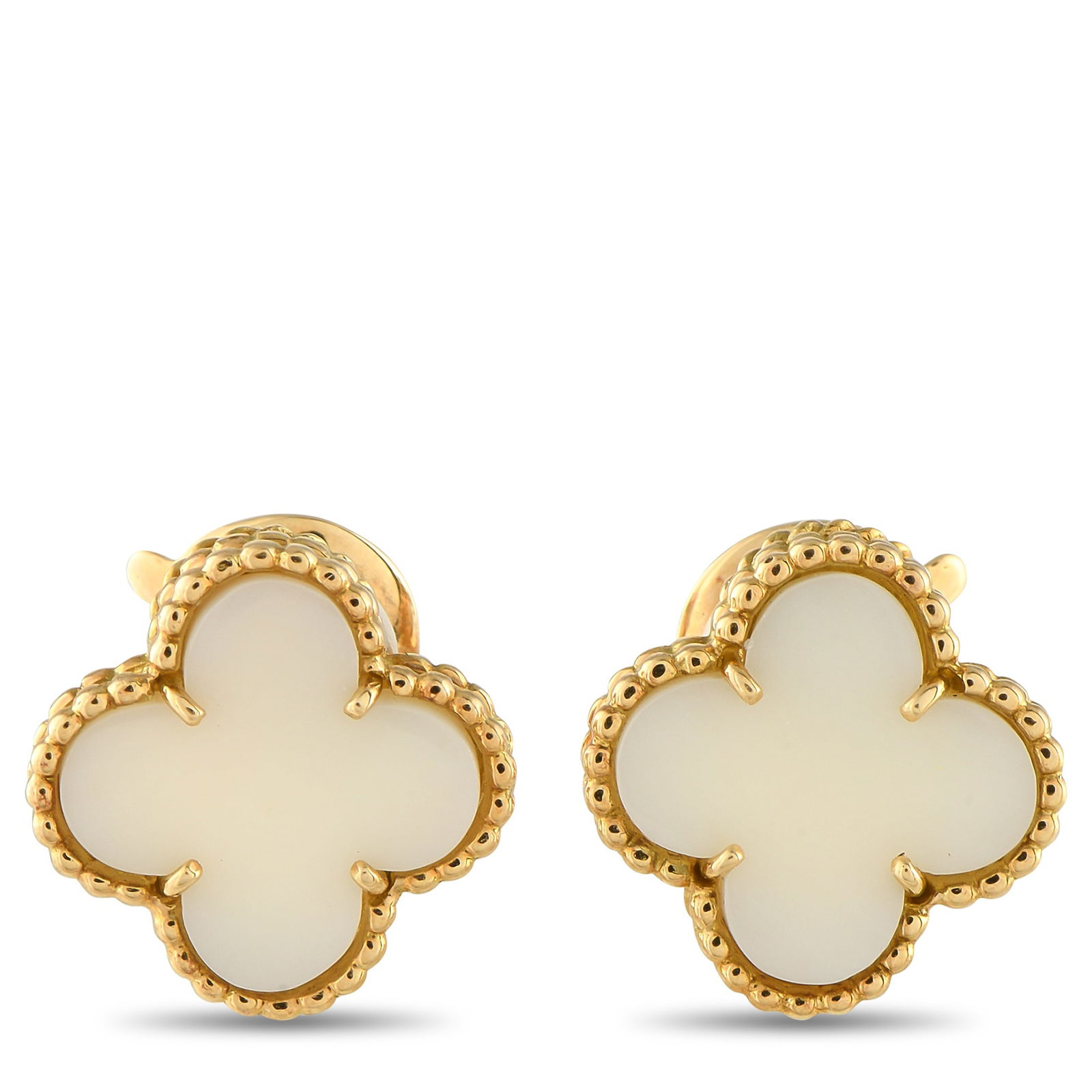 Van Cleef & Arpels Vintage Alhambra 18K Yellow Gold White Coral Clip-On Earrings: Featuring Van Cleef & Arpels’ iconic four-leaf clover motif, these yellow gold clip-on earrings feature a white coral inlay that captures understated beauty perfectly. Set in delicate bead metalwork