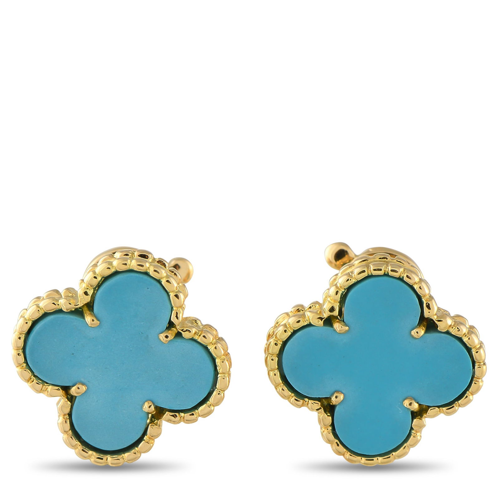 Van Cleef & Arpels Alhambra 18K Yellow Gold Turquoise Earrings: These Van Cleef & Arpels’ Alhambra earrings command attention with their effortless blend of soft curves, rich hues, and classic charm. These earrings feature a four-leaf-clover-inspired motif, deta