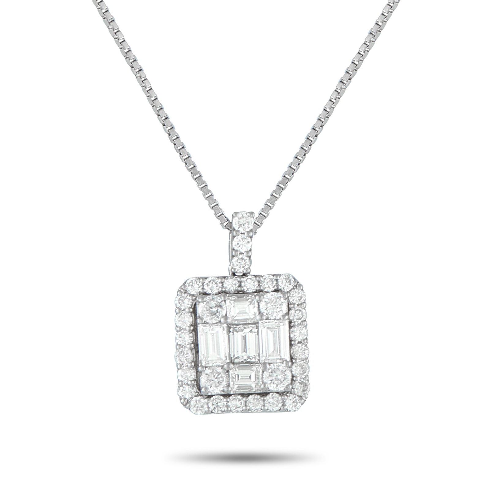 Exclusive Platinum 1.10ct Diamond Square Pendant: This Exclusive piece presents a square take on modern brilliance. It features a platinum box chain measuring 17.5 inches long. The pendant has a square-shaped cluster of step-cut and round diamonds, f