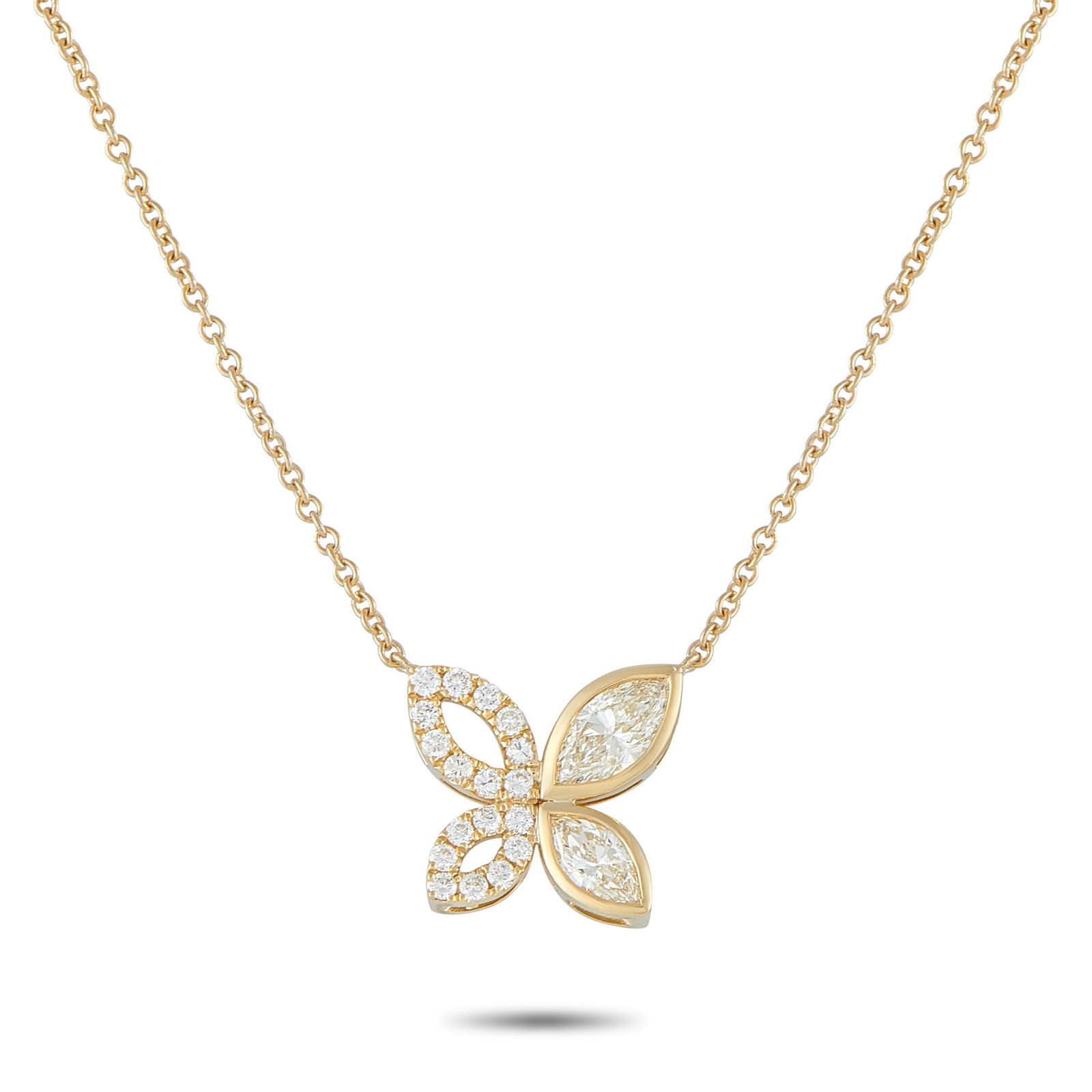 Exclusive 18K Yellow Gold 1.62ct Diamond Butterfly Necklace: Bold and delicate in equal measure, this yellow gold butterfly necklace delivers a modern interpretation of a classic motif. Its butterfly pendant is divided into two sides, with one side of the wings