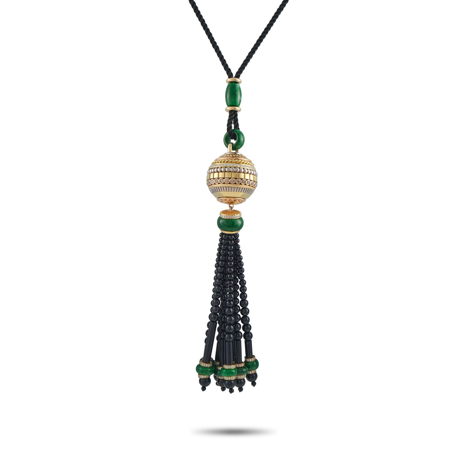 Cicada 18K Yellow Gold 2.75ct Diamond, Jade, and Onyx Tassel Pendant: This Cicada necklace is an eye-catching piece that will instantly add drama to any ensemble. A dramatic tassel pendant measuring 5” long by 1” wide serves as a stunning focal point on this