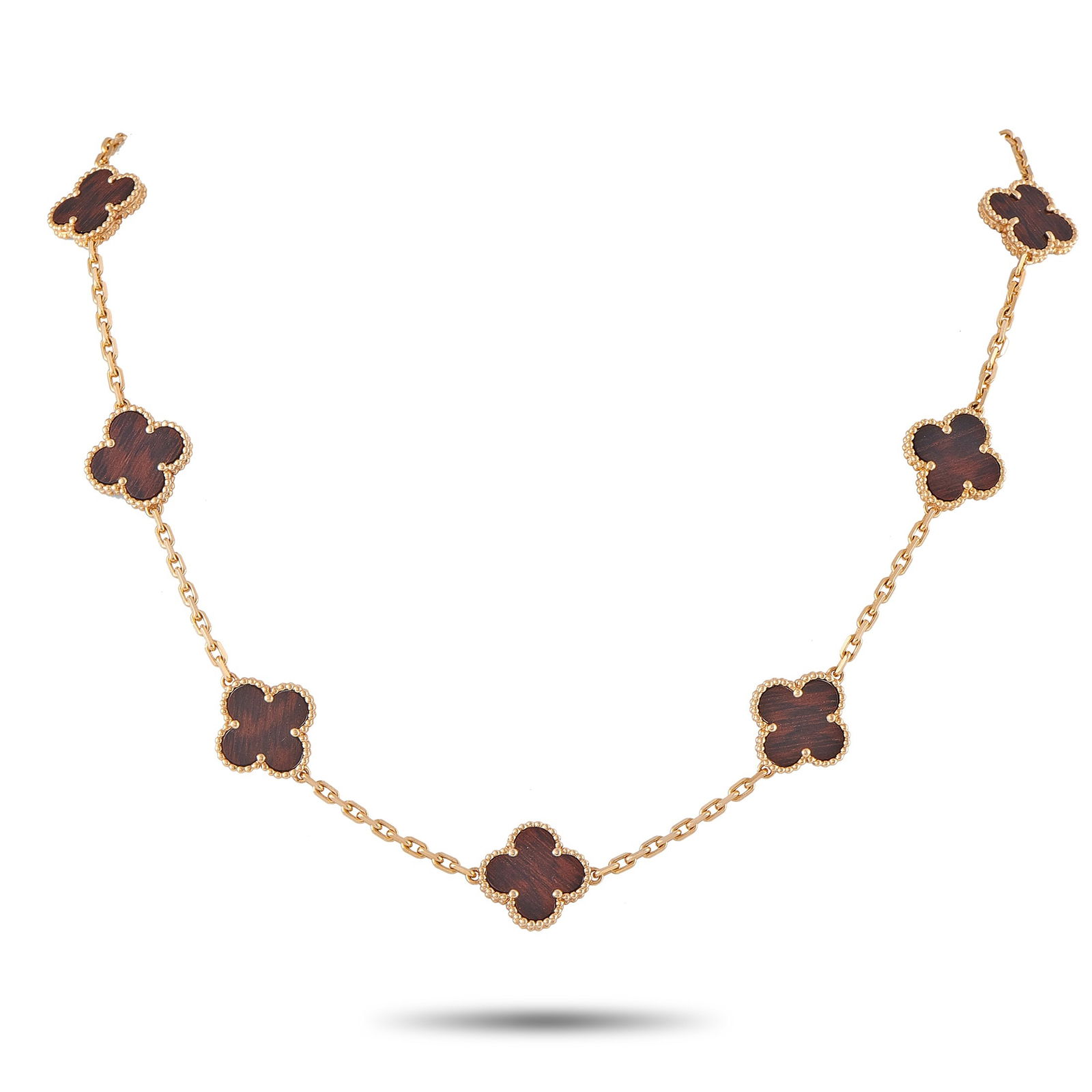 Van Cleef & Arpels Vintage Alhambra 18K Rose Gold Letterwood 10-Motif Necklace: This Van Cleef & Arpels Alhambra necklace offers an elevated take on one of the luxury brand’s most iconic motifs. Each one of the 10 clover-shaped motifs is accented with Letterwood – a precious