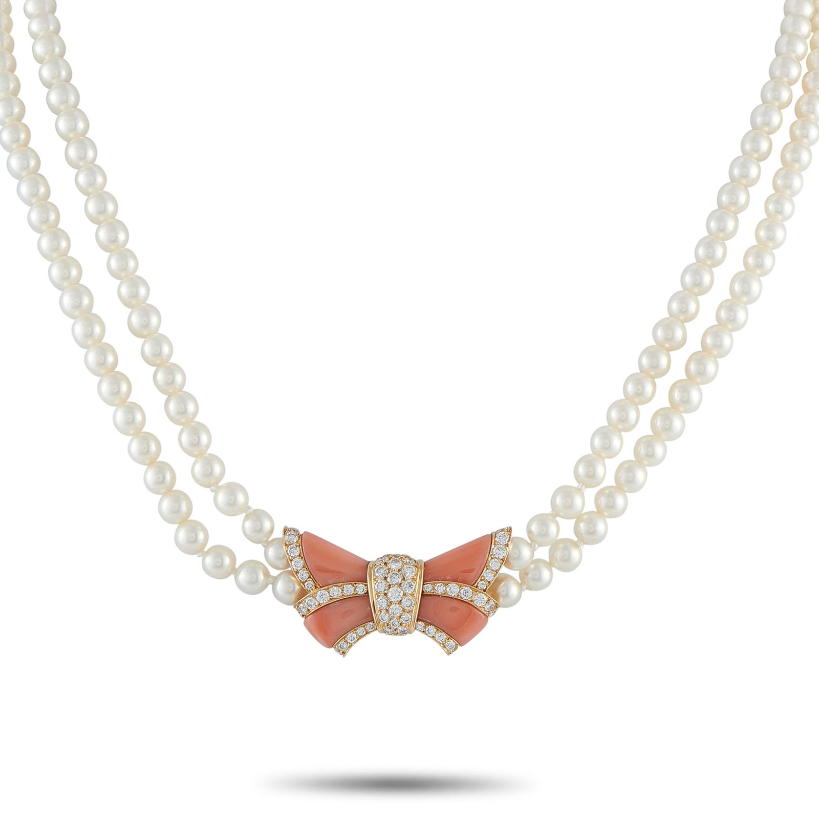 Van Cleef & Arpels Vintage 18K Yellow Gold 1.74ct Diamond, Coral, and Pearl Bow Necklace: This Van Cleef & Arpels necklace is incredibly chic. A double strand of pearls adds opulence to the overall design. This piece’s bow pendant comes to life thanks to Coral accents and Diamonds with a