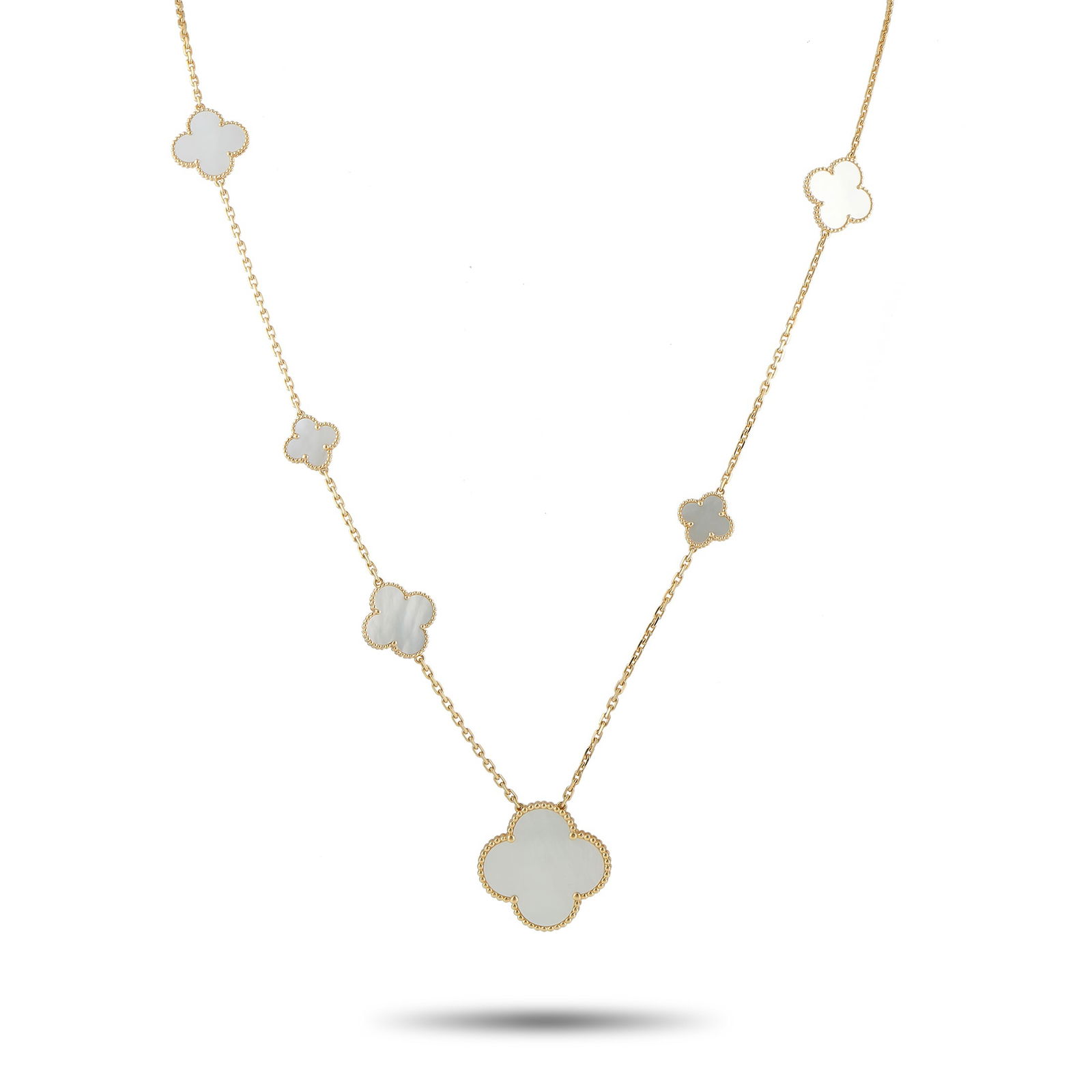 Van Cleef & Arpels Alhambra 18K Yellow Gold Mother of Pearl 11-Motif Necklace: This breathtaking Van Cleef & Arpels Alhambra 11 Motif necklace is a luxury piece that will continually impress. On a dramatic 32” chain, the brand’s iconic clover motif makes a statement in v