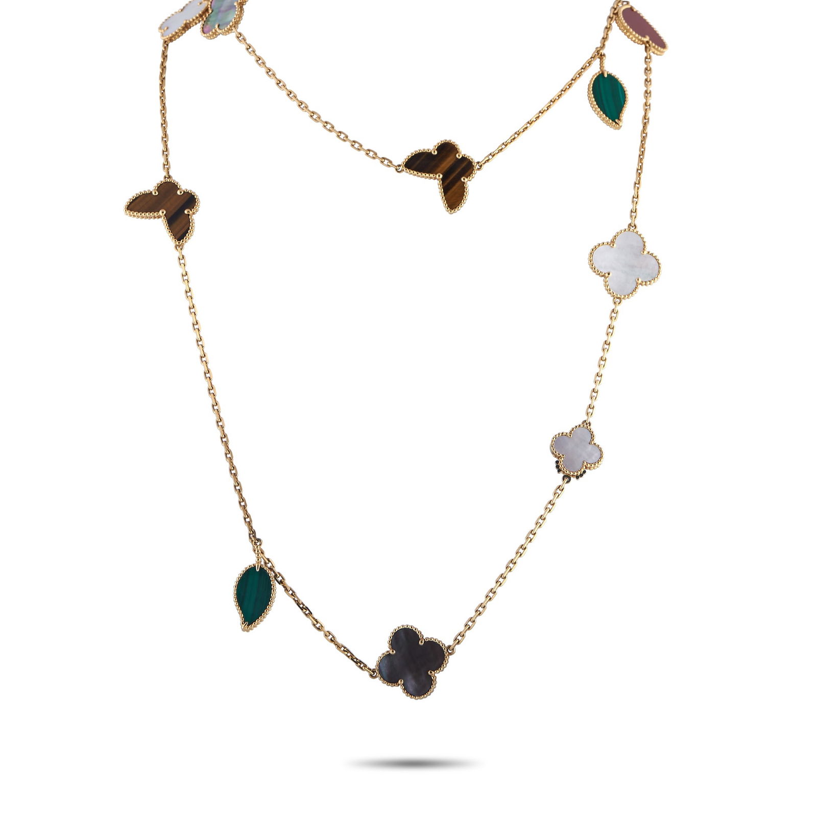Van Cleef & Arpels Lucky Alhambra 18K Yellow Gold Necklace: This Van Cleef & Arpels Lucky Alhambra necklace an exciting addition to any ensemble. Symbols inspired by nature – including butterflies, leaves, and the classic clover motif – come to life in var