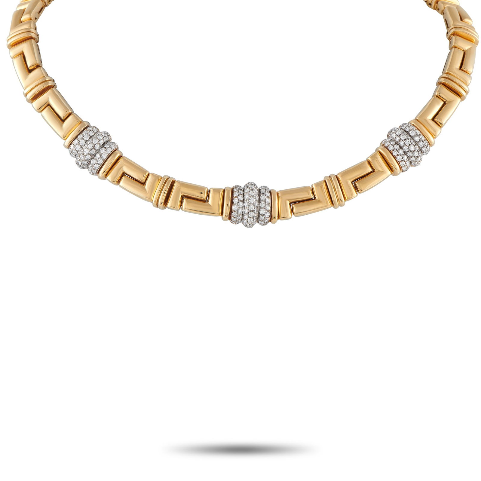 BvlgariVintage 18K Yellow Gold 4.0ct Diamond Necklace: This vintage Bvlgari necklace is a piece that exemplifies the luxury brand’s commitment to timeless sophistication. Crafted from lustrous 18K Yellow Gold, the minimalist design draws inspiration fro