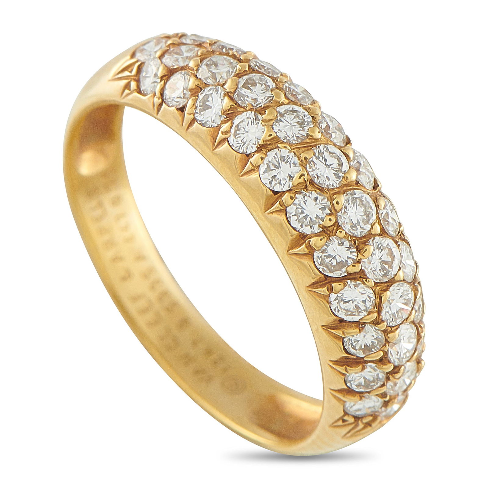 Van Cleef & Arpels 18K Yellow Gold 0.75ct Diamond Ring: A timeless piece of Parisian elegance. This Van Cleef & Arpels ring features a yellow gold band with a gently sloping semidome profile. Its entire top surface is illuminated by 0.75 carats of brillian