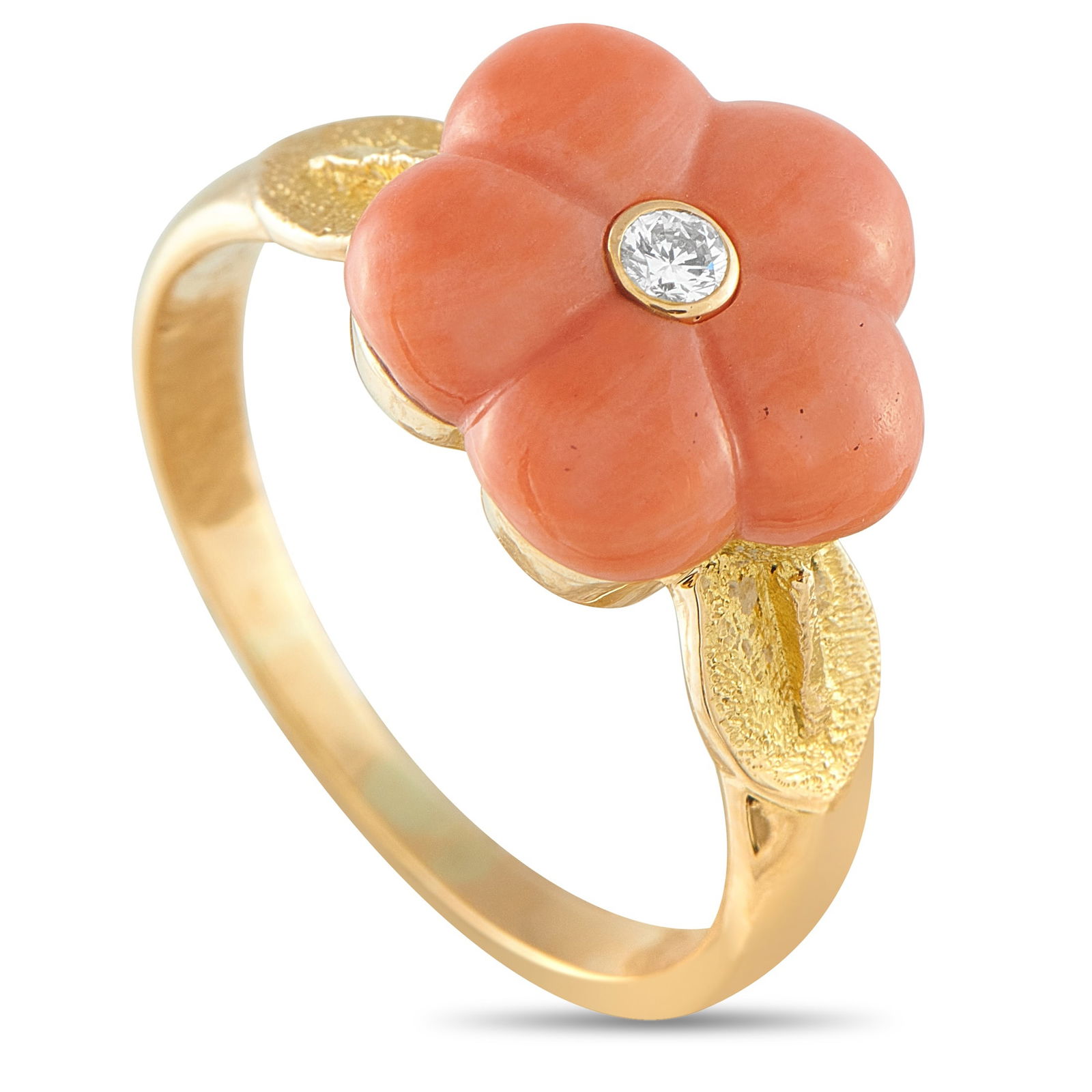 Van Cleef & Arpels 18K Yellow Gold Coral Flower Ring: A distinctly feminine design makes this Van Cleef & Arpels ring endlessly charming. At the center of the 18K Yellow Gold setting, a flower motif comes to life thanks to vibrant Coral petals. A singula