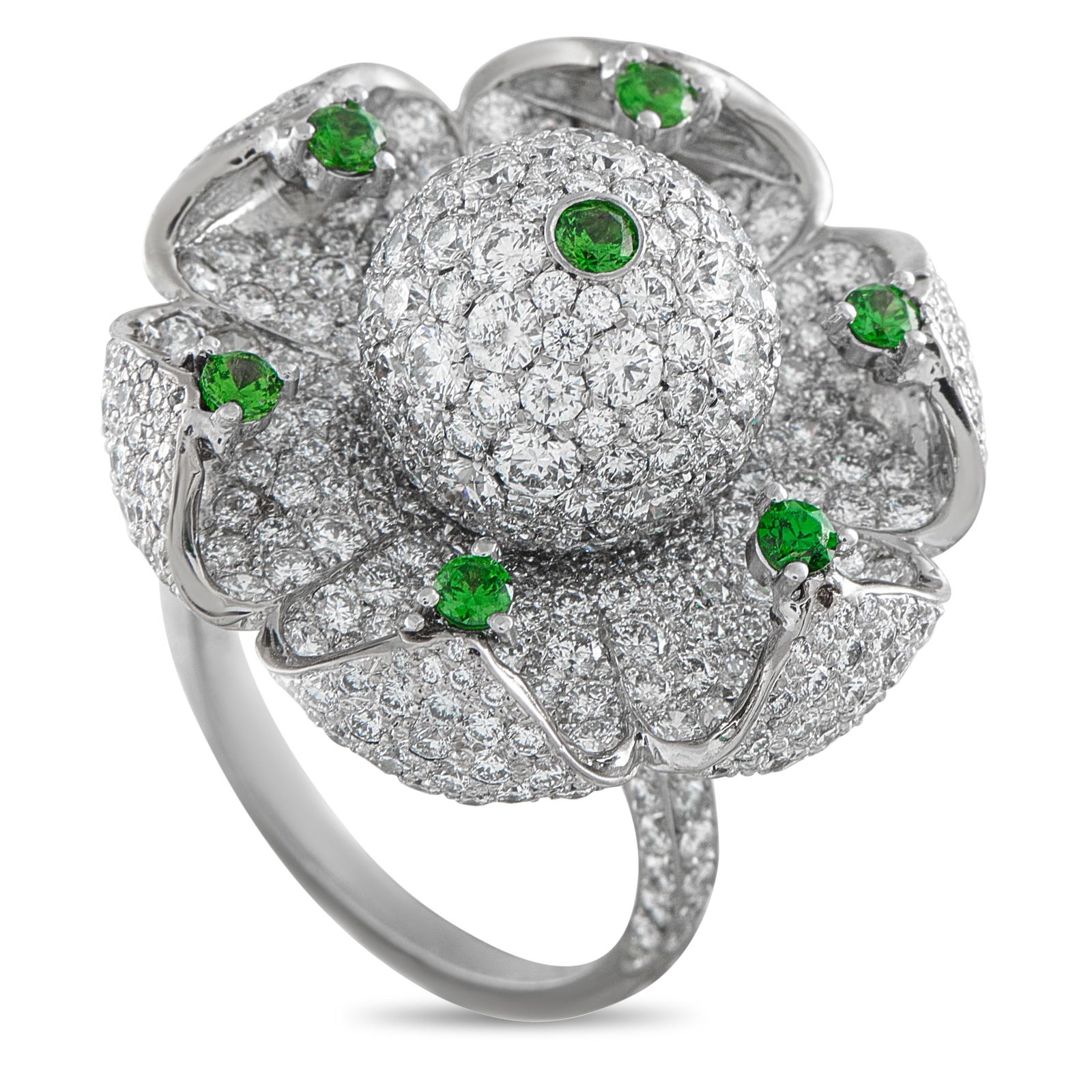 Jacob & CoJacob & Co Platinum 8.0ct Diamond and Tsavorite Ring: Diamonds with a total weight of 8.0 carats make this Jacob & Co. ring nothing short of breathtaking. The bold floral design is further elevated by vibrant Tsavorite gemstones, which add a stunning pop