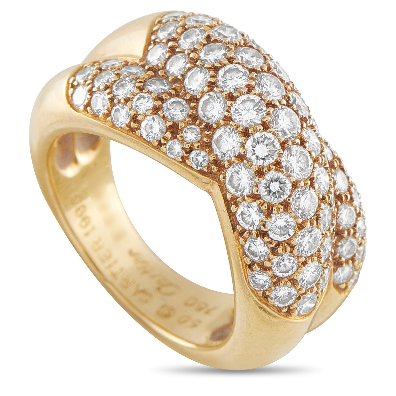 Cartier8K Yellow Gold 1.75ct Diamond Ring: Inset Diamonds with a total weight of 1.75 carats allow this Cartier ring to come alive every time it catches the light. Set in 18K Yellow Gold, this timeless accessory makes it easy to add a touch of
