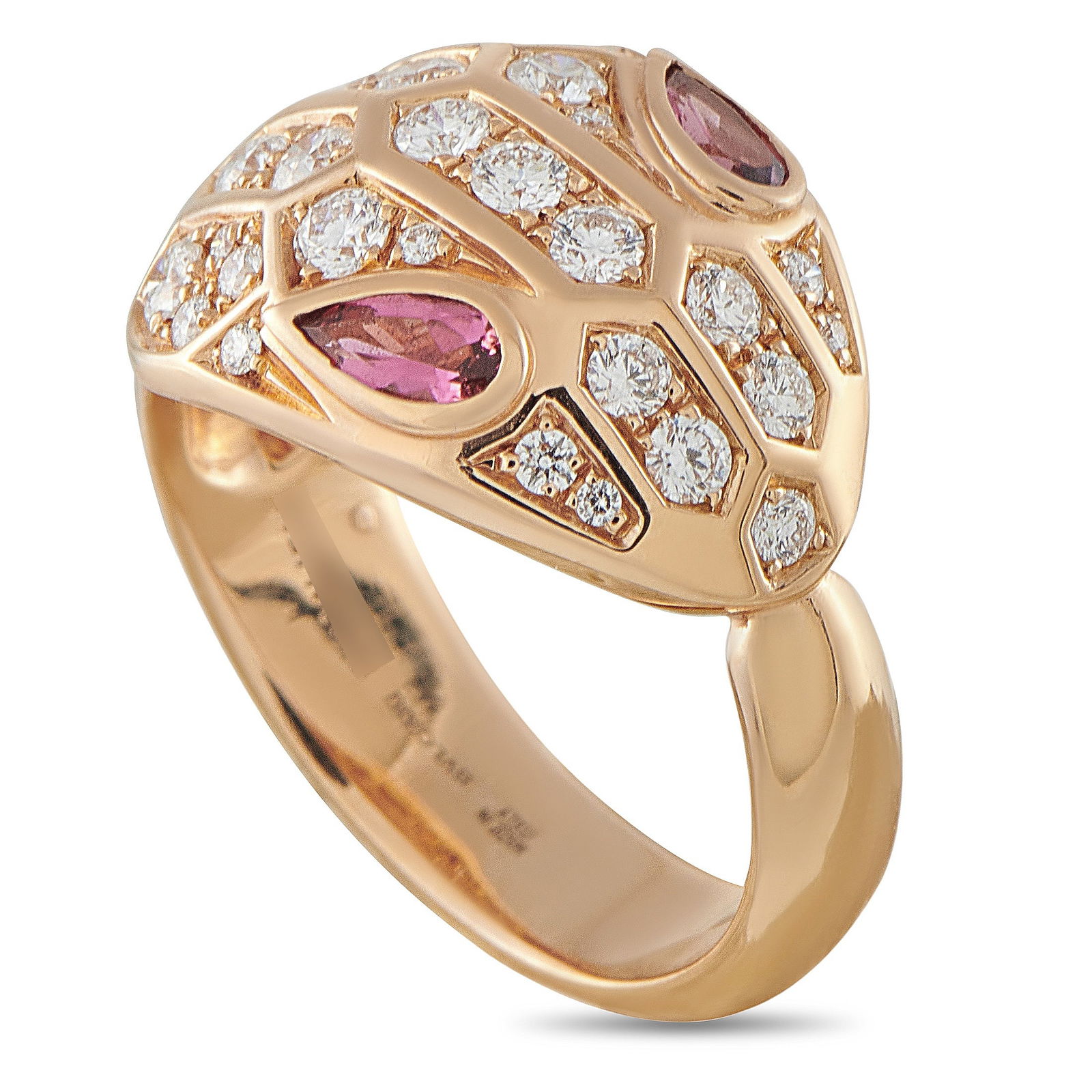 Bvlgari Serpenti Seduttori 18K Rose Gold Diamond and Rubellite Ring: A captivating piece showcasing the magnetic power of a serpent. This Bvlgari ring in 18K rose gold features the brand’s signature serpent-inspired metalwork, focusing on the head and its mesmerizing