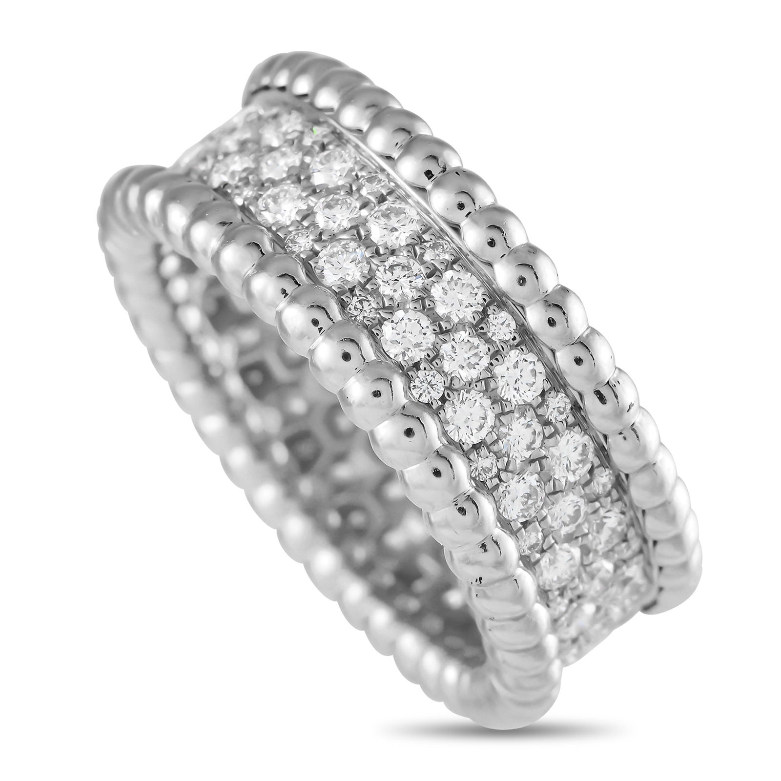 Van Cleef & Arpels Perlée 18K White Gold 1.11ct Diamond Ring: This Perlée ring, featuring a thick white gold band covered with diamonds and bordered by polished white gold beads, would be a great addition to any ring collection. Designed with an unexpected yet