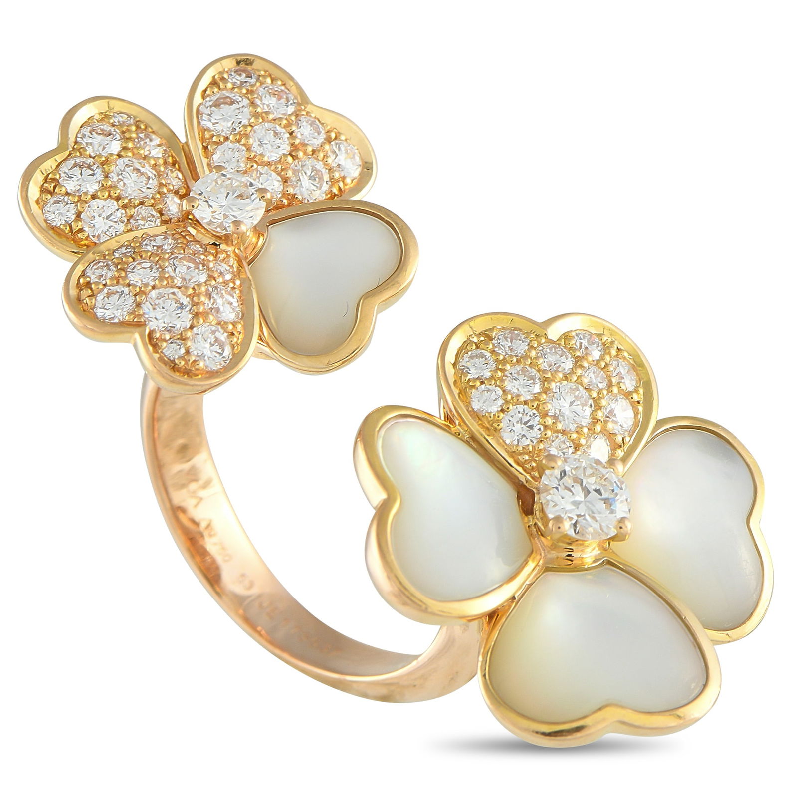 Van Cleef & Arpels Cosmo 18K Rose Gold 1.45ct Diamond and Mother of Pearl Between the Finger Ring: This Van Cleef & Arpels Cosmo ring beautifully blends timeless tradition with contemporary elegance. Two of the brand’s signature floral motifs make a statement on each end of the between finger des