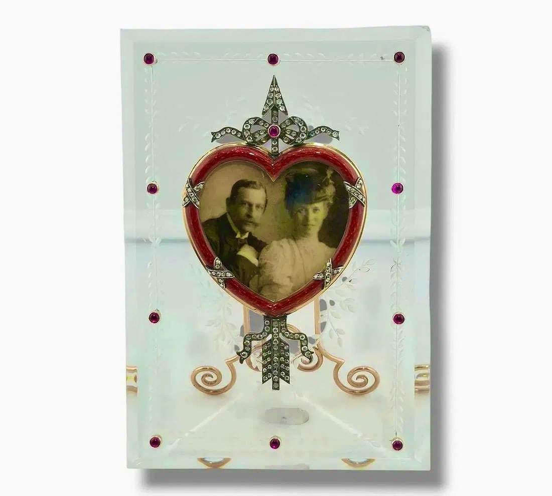K. Faberge Imperial Russian 56k Gold, Enamel and Diamond Photo Frame: K. Faberge Imperial Russian 56k Gold, Enamel and Diamond Photo FrameKarl Faberge ,br>Imperial Russian 56k Gold, Enamel and Diamond Photo Frame Marked Faberge and Faberge work master initials MP for K.