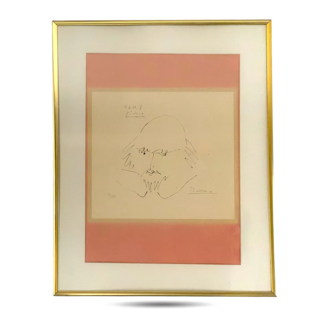 Pablo Picasso A lithograph print Limited Edition 8/100: Pablo Picasso A lithograph print Limited Edition 8/100 Print dated 18.4.64 with numbering 8/100, attributed to Pablo Picasso Framed and matted under glass; the frame shows signs of wear and requires c