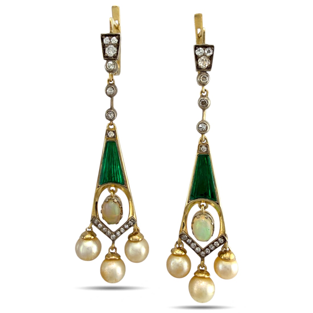 Imperial Russian 56 Gold (14k gold) 1.50ct Diamond Enamel Earrings: Imperial Russian 56 Gold (14k gold) 1.50ct Diamond Enamel Earrings Material: 56k Gold, Green Enamel and Diamond Marked: with work master initials FT Also marked with 56k gold (14k gold) marks and koko