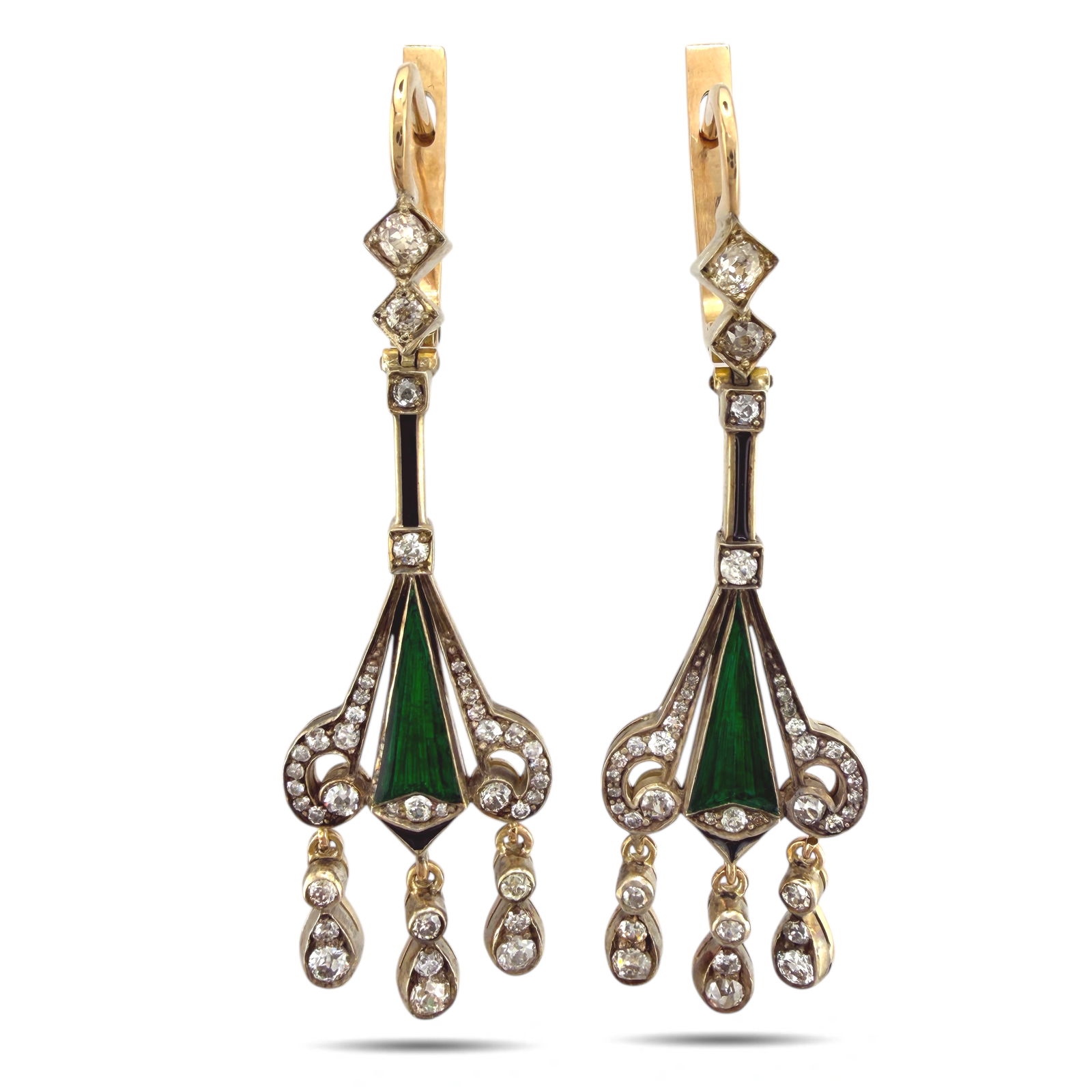 Imperial Russian Antique 56 Gold (14k gold) Art Deco Diamond Enamel Earrings: Imperial Russian Antique 56 Gold (14k gold) Art Deco Diamond Enamel Earrings Material: Gold 56 assay value / 14k Gold Region: Russia Marked: Yes, Work Master initials AM Stone: Diamonds, 2.0 Carats Ma