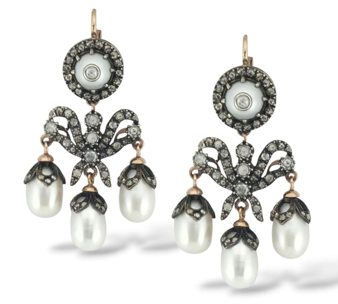 Imperial Russian Pair of natural pearl and diamond earrings, late 19th century: Imperial Russian Pair of natural pearl and diamond earrings, late 19th century Marked with K. Faberg work master initials and Imperial Russian 56 Gold marks Material 56 gold( 14k Gold) Diamonds: Natur