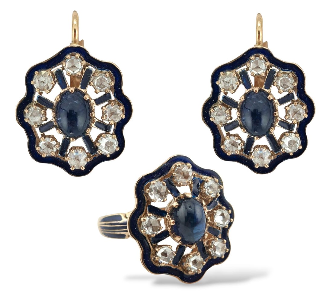 Faberge Imperial Russian 56k Gold Earrings and Ring Set c. 1900: Faberge Imperial Russian 56k Gold Earrings and Ring Set c. 1900 A refined and rare treasure from the Russian Imperial era, this women’s jewelry set combines historic charm with enduring elegance. Cr