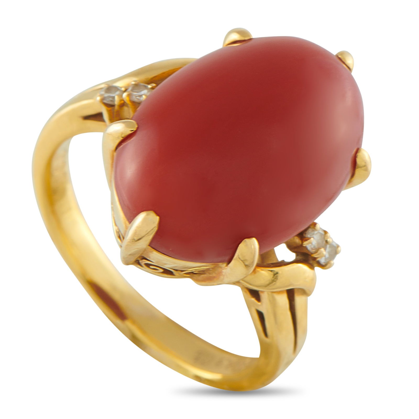 Mikimoto 18K Yellow Gold Diamond and Coral Ring: Add a stylish pop of color to any ensemble with this exquisite Mikimoto ring. A delicate 18K Yellow Gold setting beautifully showcases the stunning Coral center stone. Subtle Diamond accents add a tou