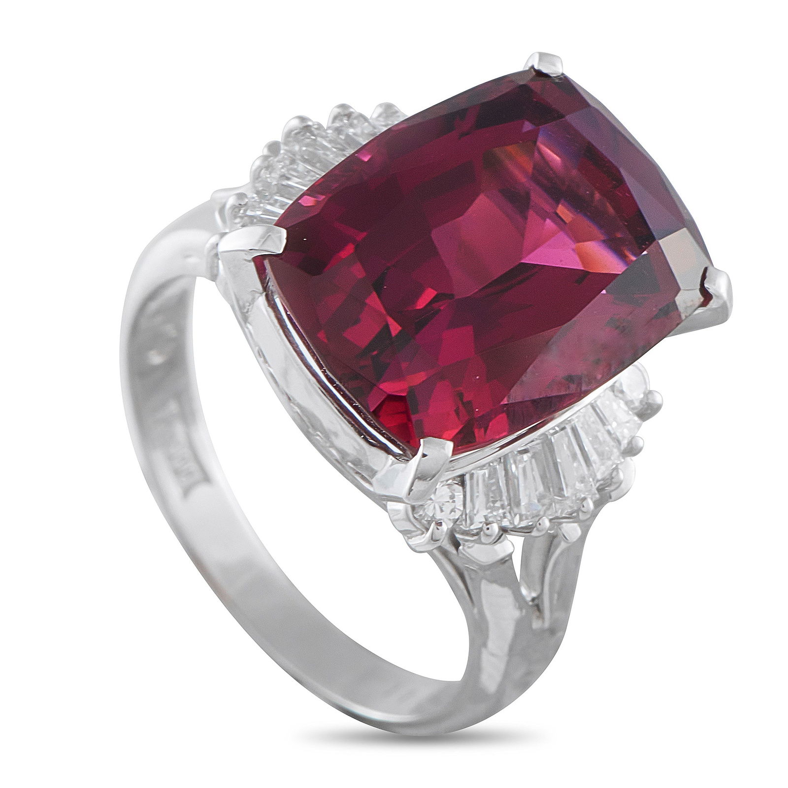 Exclusive Platinum 0.50ct Diamond and Rhodolite Garnet Ring: The stunning and substantial 11.46-carat rhodolite garnet on this ring will instantly capture your attention. Guiding the eye towards the impressive center stone are tapering baguette diamonds that ar