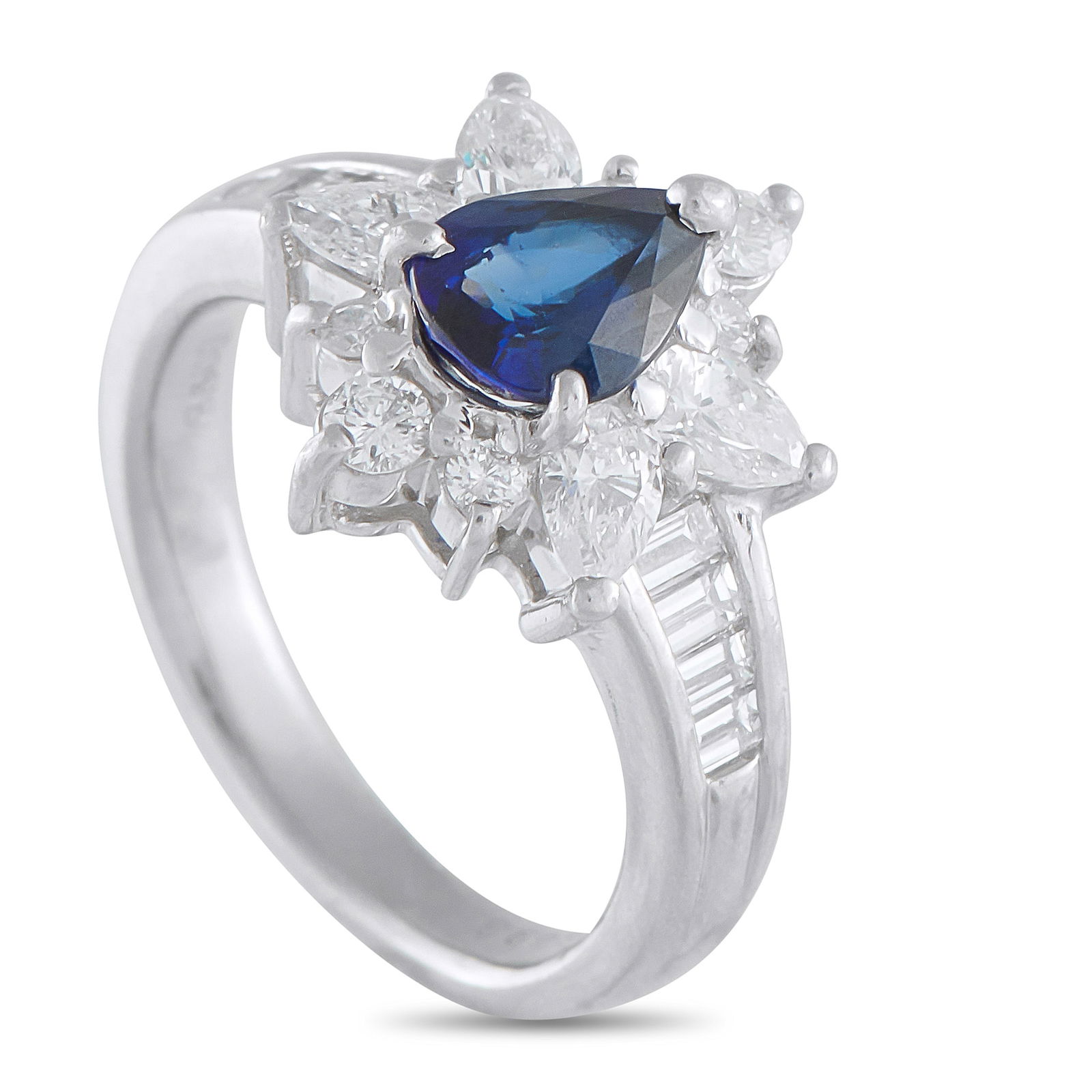 Exclusive Platinum 0.98ct Diamond and Sapphire Ring: A 0.98 carat pear-shaped Sapphire serves as a stunning focal point on this elegant ring. Set in Platinum, Diamonds with a total weight of 0.98 carats make it even more breathtaking to behold. It featu