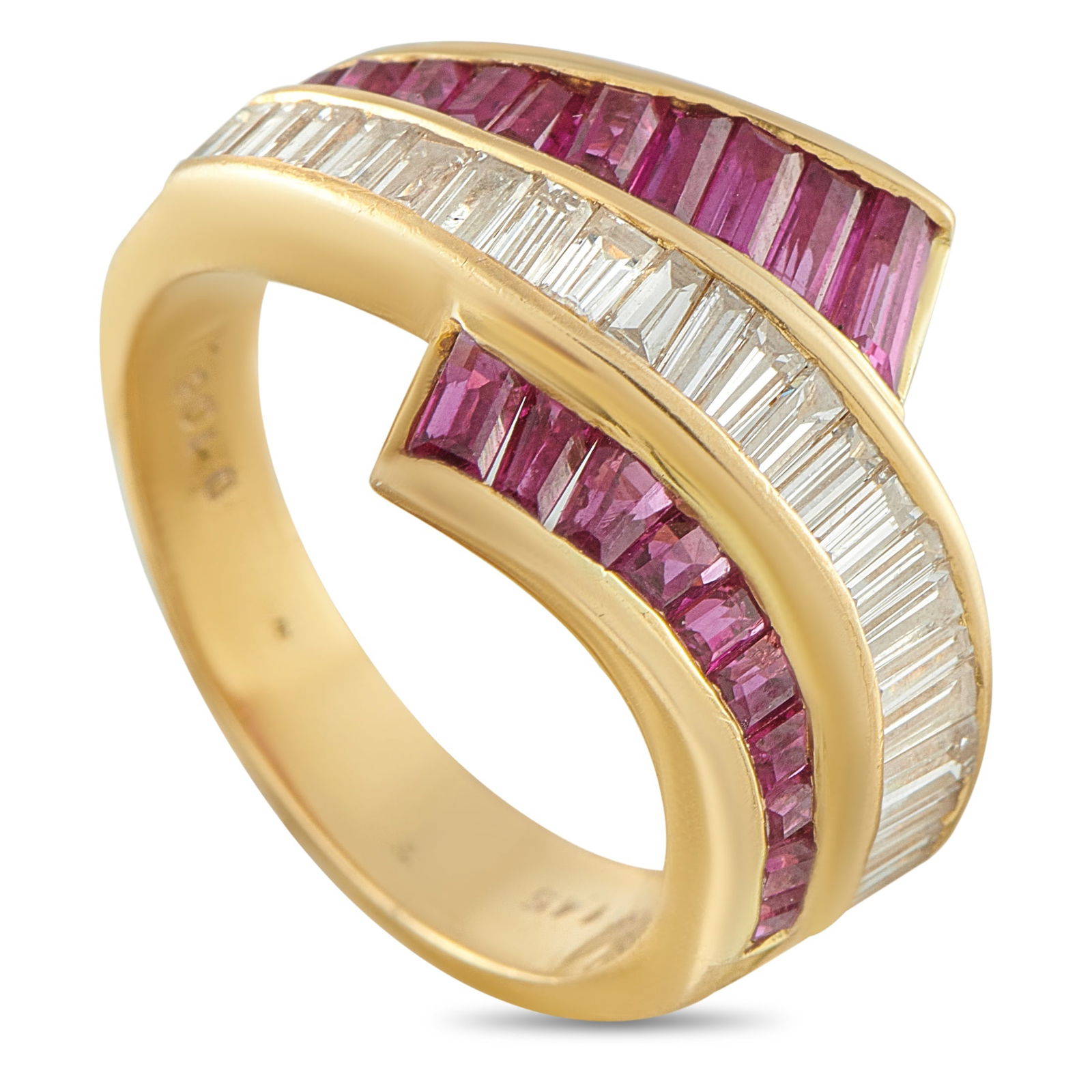 Exclusive 18K Yellow Gold 1.06ct Diamond and Ruby Ring: This radiant ring is filled with dynamic details. The opulent 18K Yellow Gold setting features gently curved lines that seemingly wrap around the finger. Diamonds totaling 1.06 carats make a statement