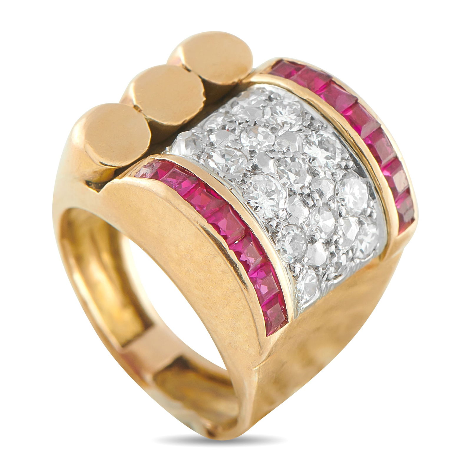 Exclusive 18K Rose Gold 0.75ct Diamond and Ruby Retro Ring: Mid-Century design elements make this retro ring an essential piece for anyone who appreciates classic elegance. Inset Diamonds totaling 0.75 carats effortlessly catch the light, while Ruby accents pr