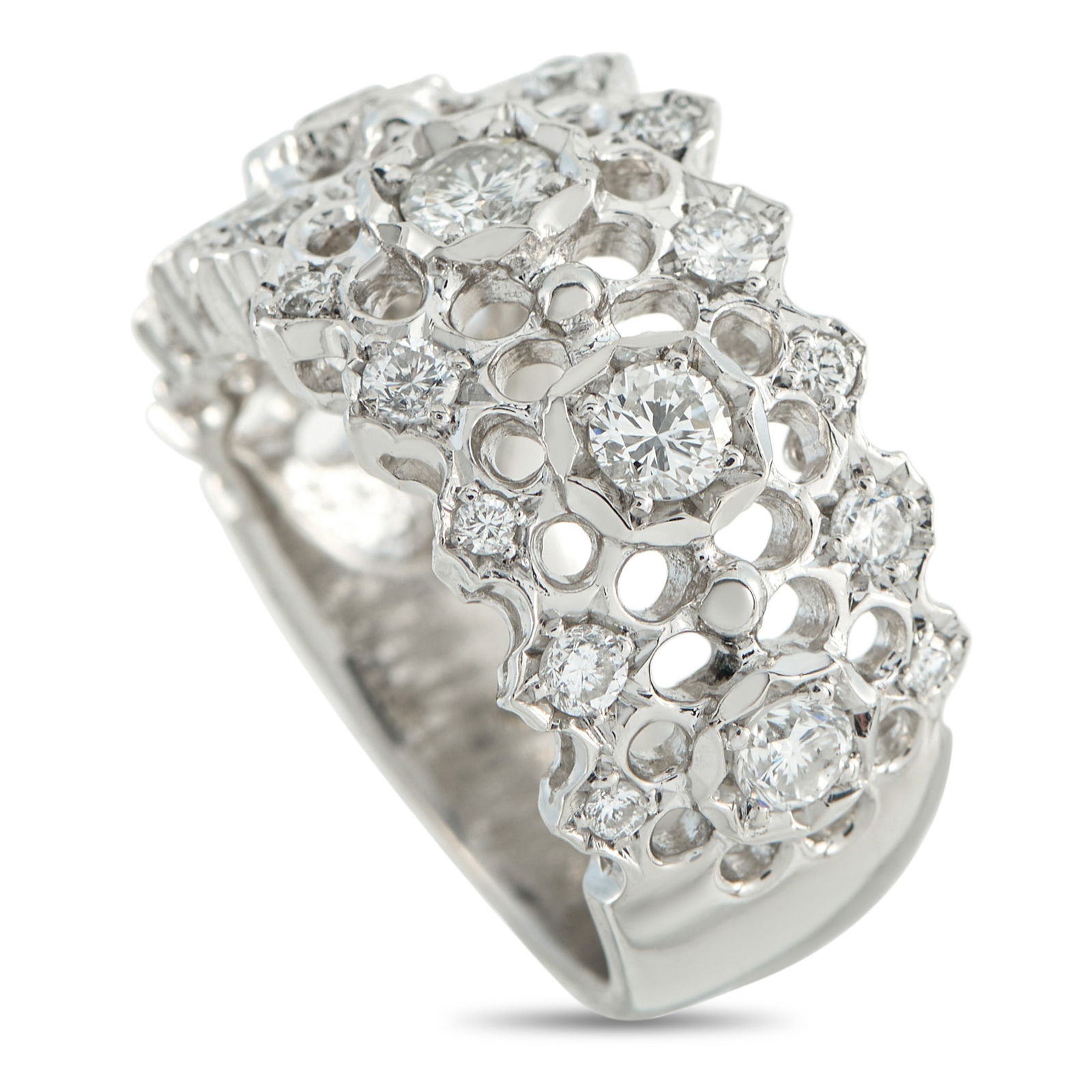 Exclusive Platinum 1.26ct Diamond Honeycomb Ring: Transforming geometry into jewelry, this platinum ring features a honeycomb-inspired motif that combines structure with sparkle. Round openings punctuate the top, some filled with diamonds that catch