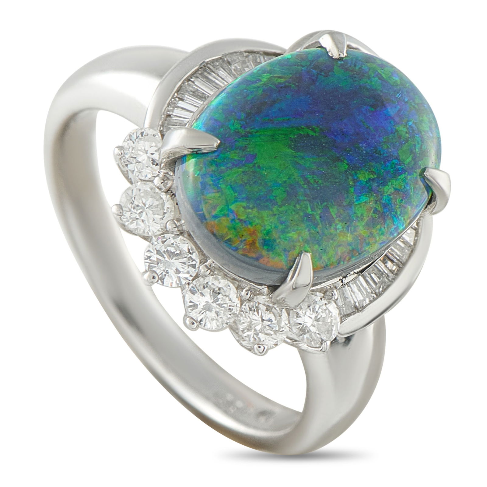 Exclusive Platinum 0.57ct Diamond and Black Opal Ring: This radiant ring is simply unforgettable. The 3.66 carat Black Opal center stone emits vibrant flashes of blue, green, and orange every time it catches the light. Sparkling Diamonds totaling 0.57 car