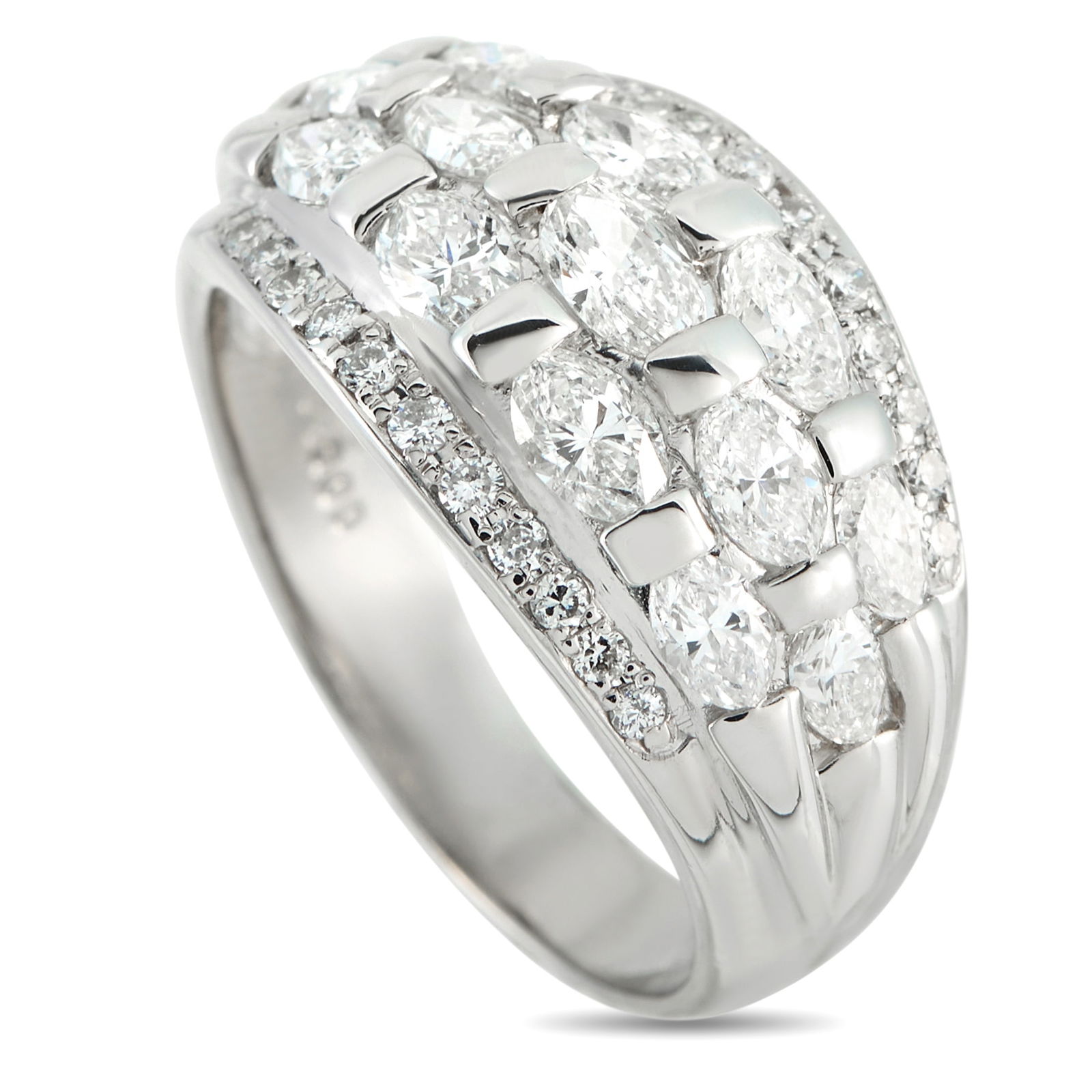Exclusive Platinum 2.03ct Diamond Dome Ring: This platinum dome ring catches light in sculpted succession. Three rows of marquise diamonds, totaling 2.03 carats, arc across its top, divided by short panels of polished platinum. Along the outer e