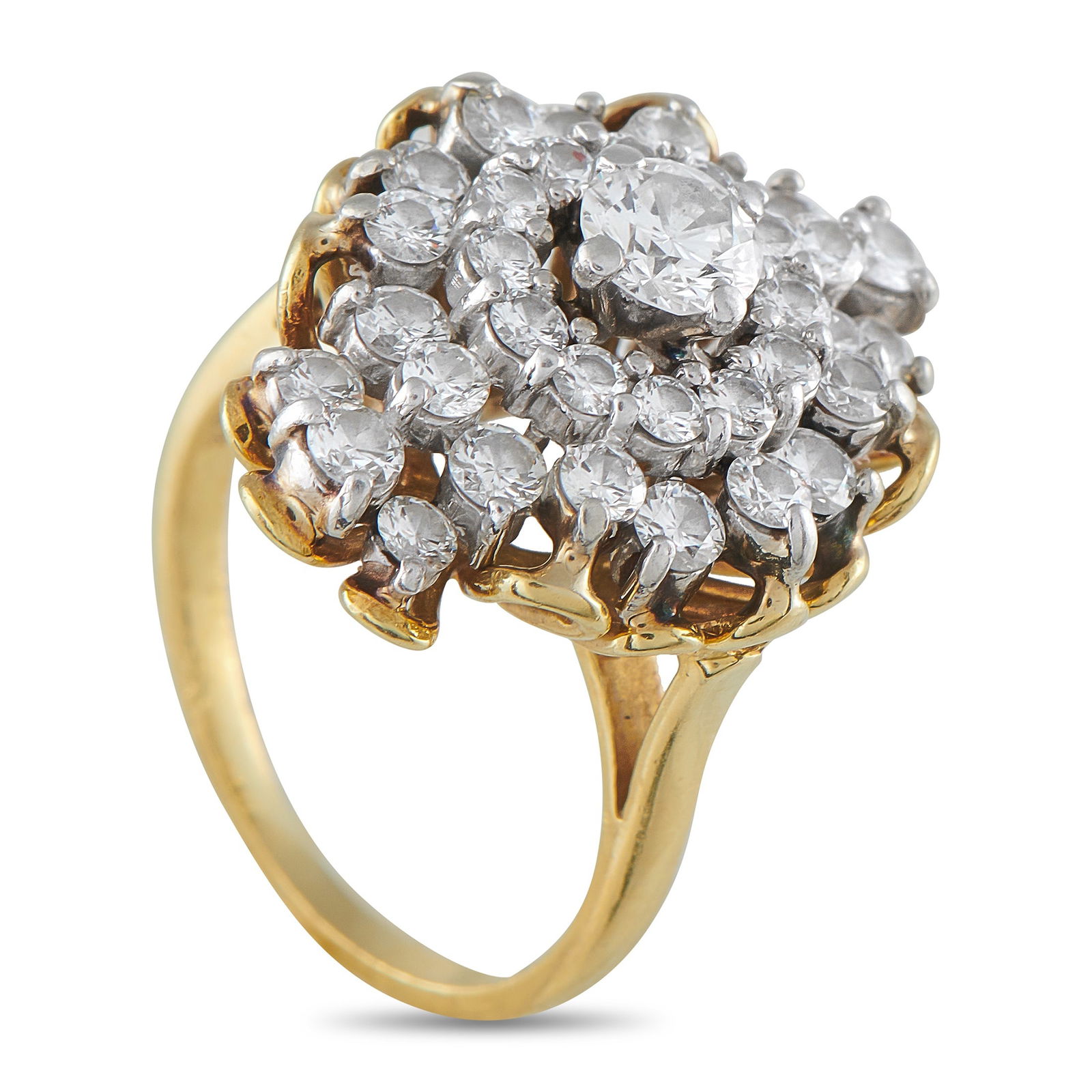 Exclusive Platinum and 18K Yellow Gold 1.95ct Diamond Ring: Round-cut Diamonds with a total weight of 1.95 carats come together in a stylish arrangement on this luxury ring. Crafted from a combination of Platinum and 18K Yellow Gold, this piece effortlessly ca