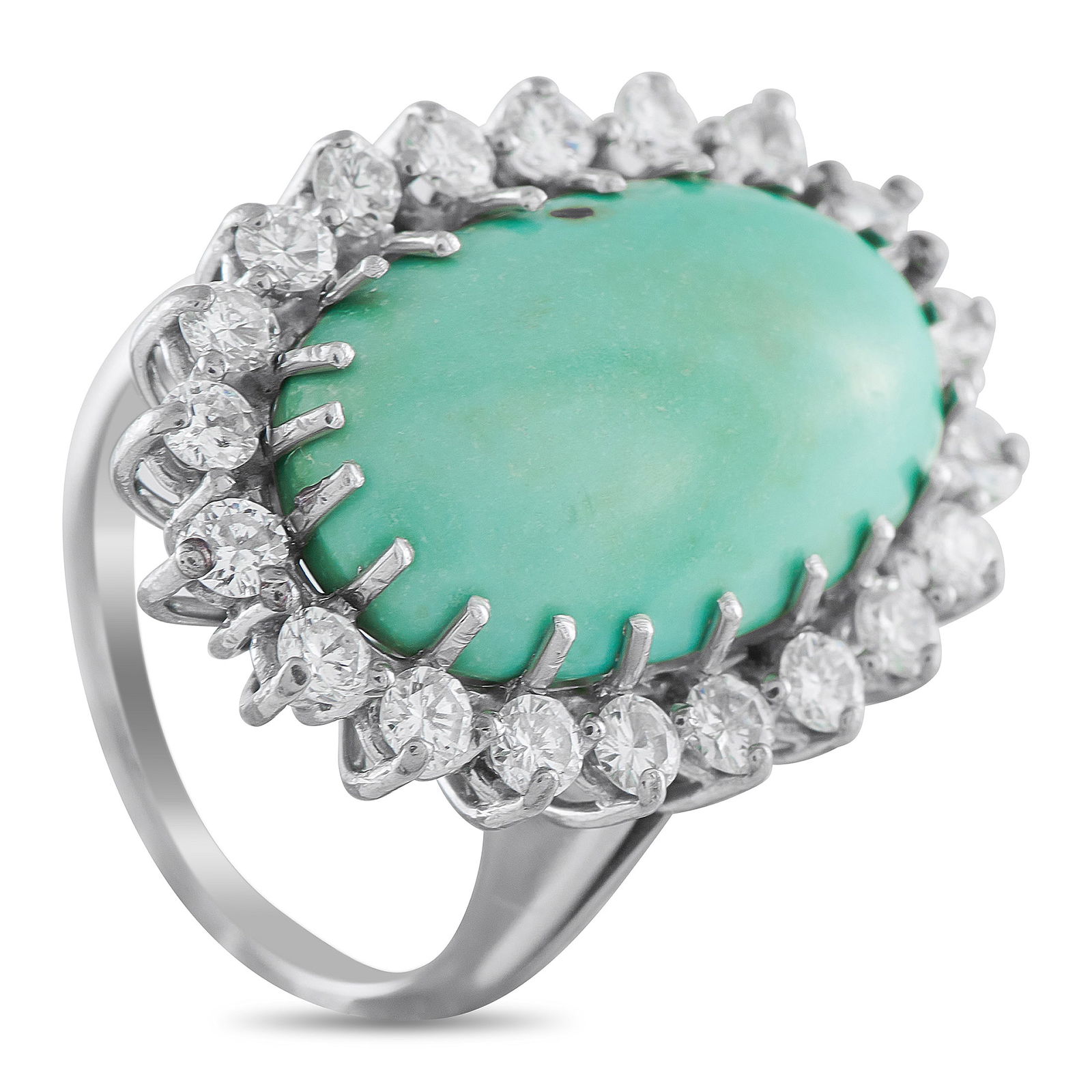 Exclusive 18K White Gold 1.25ct Diamond and Turquoise Ring: A stunning Turquoise center stone adds a stylish pop of color to the center of this luxury ring. The classic design shines to life thanks to a halo of sparkling Diamonds, which together possess a tota
