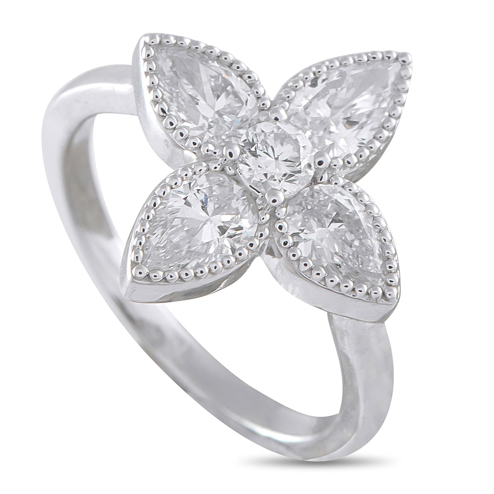 Exclusive 18K White Gold 1.40ct Diamond Four Petal Flower Ring: A stylish floral motif takes center stage on this impeccably crafted ring. Surrounded by delicate millegrain details, Diamonds with a total weight of 1.40 carats make this piece impossible to ignore.