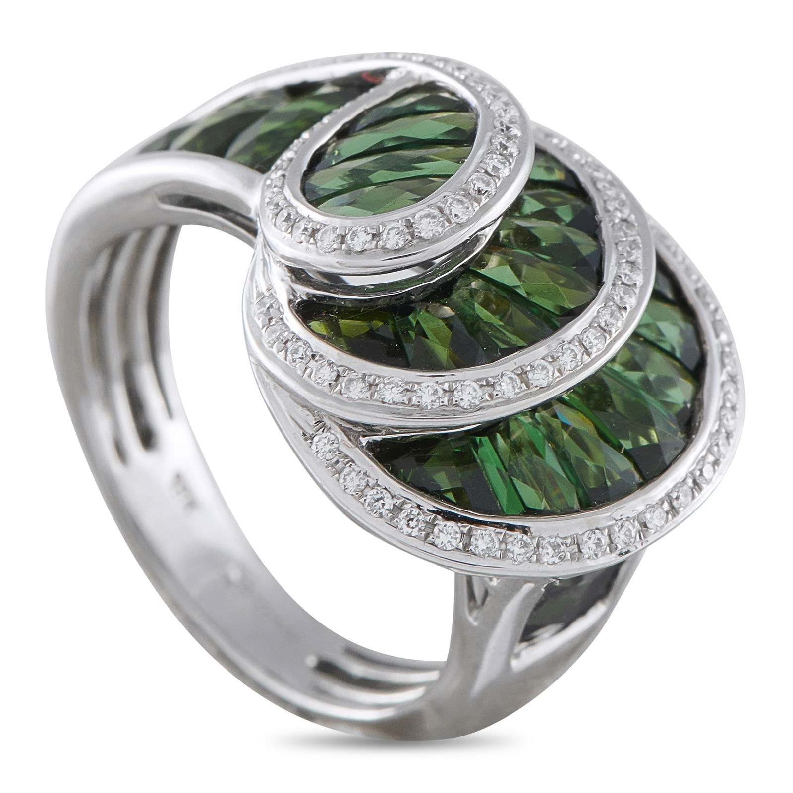 Bellarri18K White Gold Diamond and Tourmaline Ring: Curved lines are elevated by Diamonds on this exquisite Bellarri ring. Along with a breathtaking design that is instantly captivating, this luxury piece features inset Tourmaline accents for a bold po