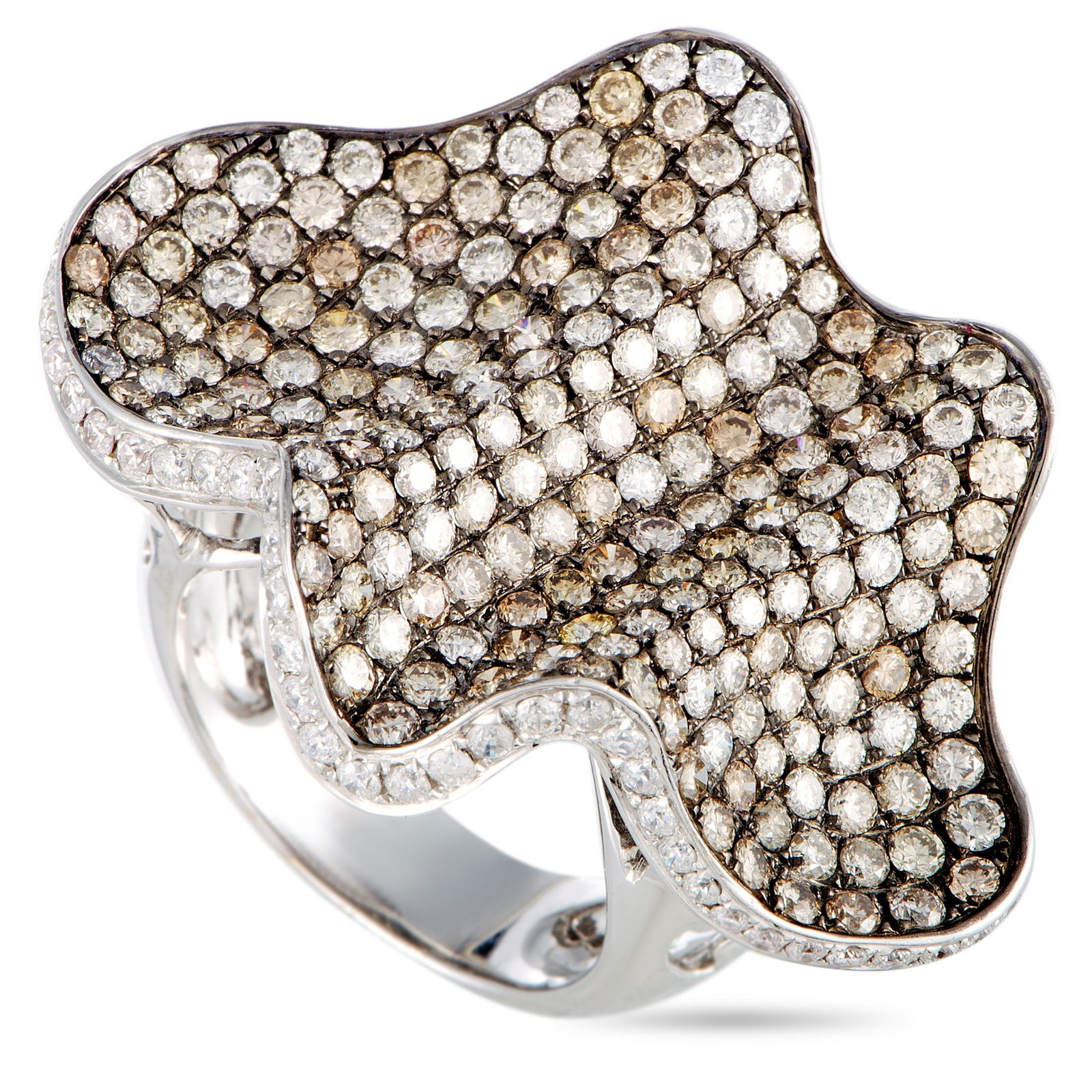 18K White Gold White and Brown Diamond Wave Ring: This ring is made out of 18K white gold and diamonds that amount to 6.50 carats. The ring weighs 16.8 grams and boasts band thickness of 5 mm and top height of 10 mm, while top dimensions measure 25 b