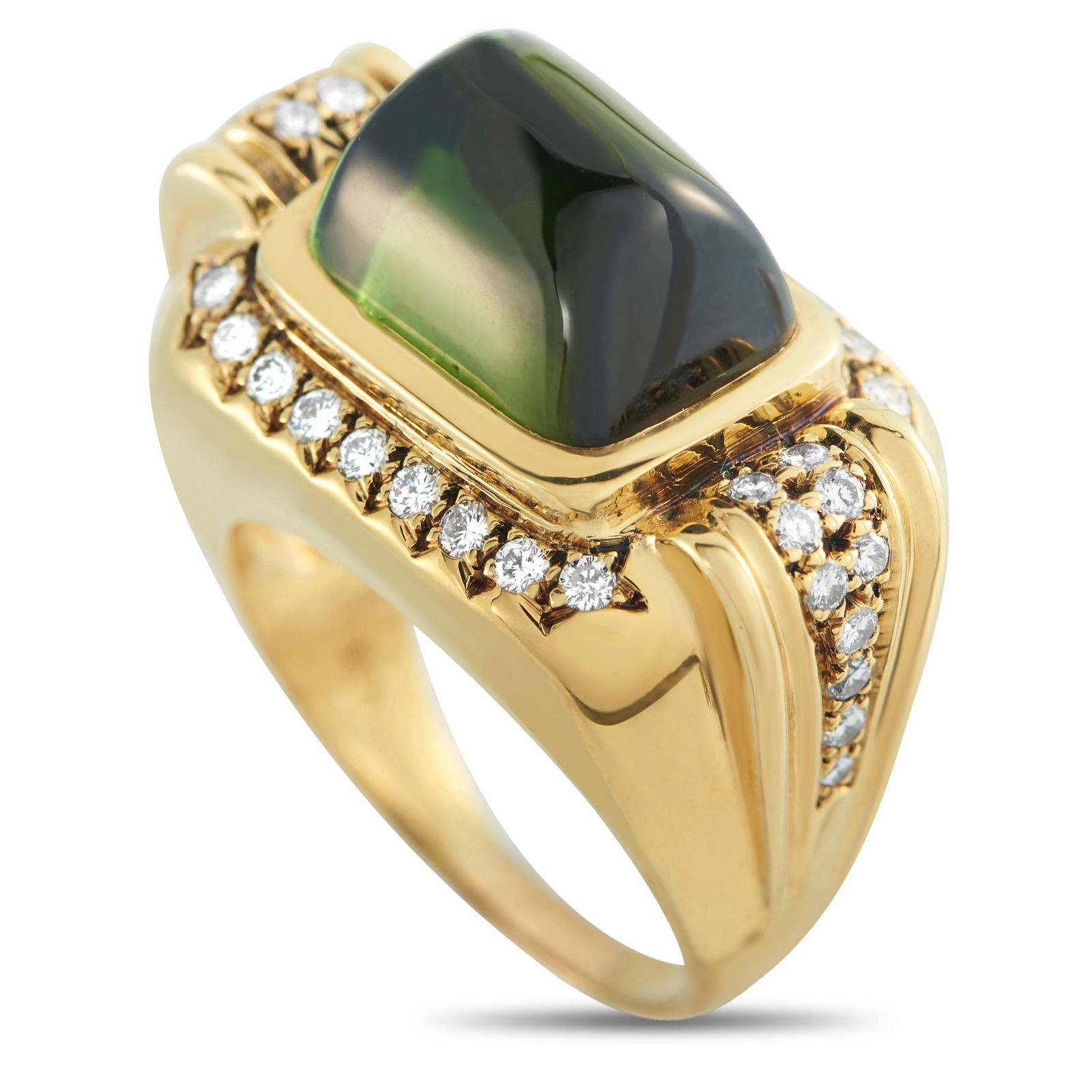 Exclusive 18K Yellow Gold 0.55ct Diamond and Peridot Ring: A unique design sets this luxury ring apart in the best way possible. An 8.20 carat Peridot center stone adds height, color, and dimension to the overall design, while inset Diamond accents totaling 0